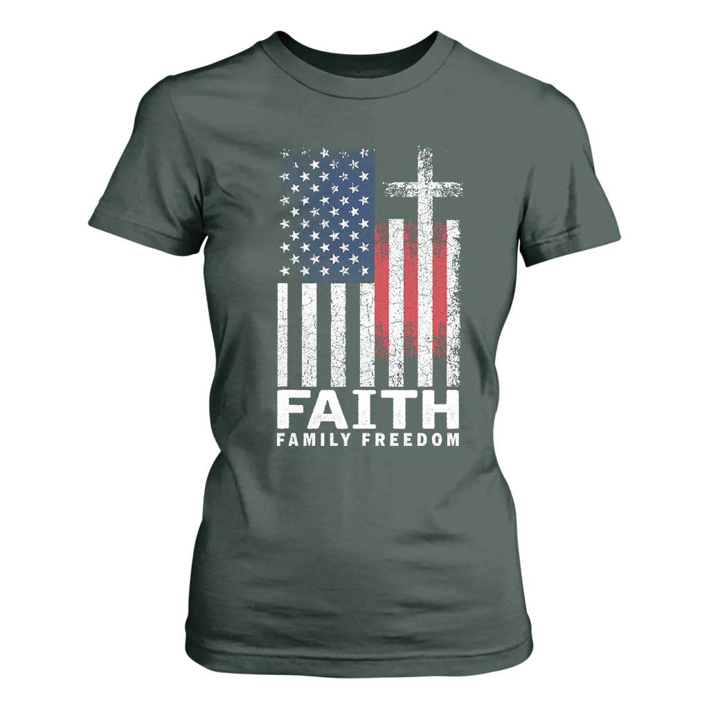 Faith Family Freedom T Shirt For Women Charlie Kirk Patriotic Christian Vintage USA Flag TS10 Dark Forest Green Print Your Wear