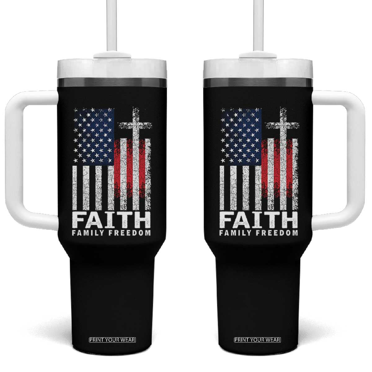 Faith Family Freedom Tumbler With Handle Charlie Kirk Patriotic Christian Vintage USA Flag TS10 One Size: 40 oz Black Print Your Wear