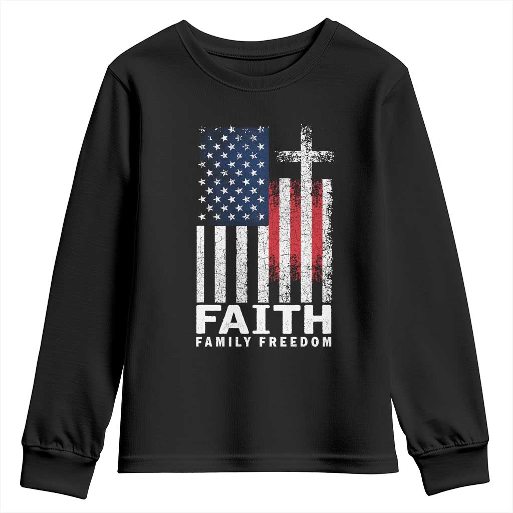 Faith Family Freedom Youth Sweatshirt Charlie Kirk Patriotic Christian Vintage USA Flag TS10 Black Print Your Wear