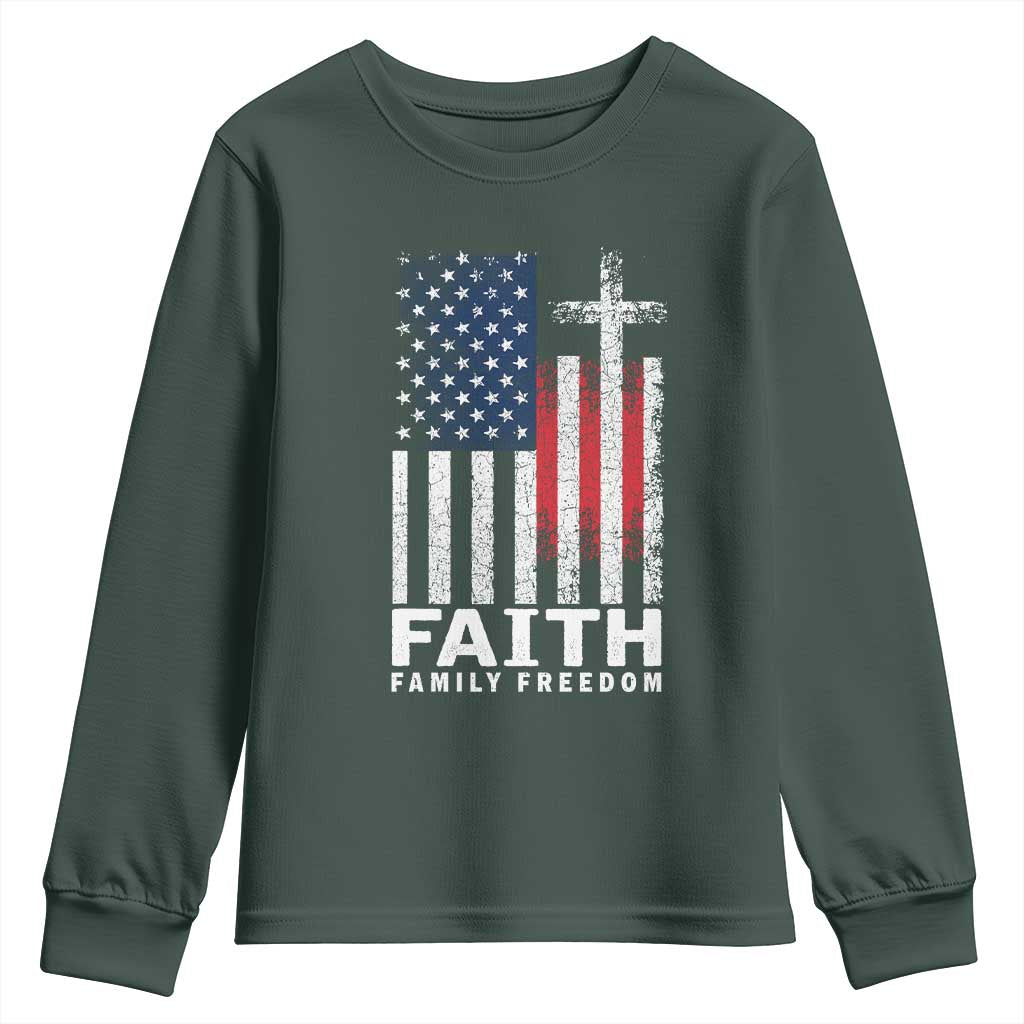 Faith Family Freedom Youth Sweatshirt Charlie Kirk Patriotic Christian Vintage USA Flag TS10 Dark Forest Green Print Your Wear