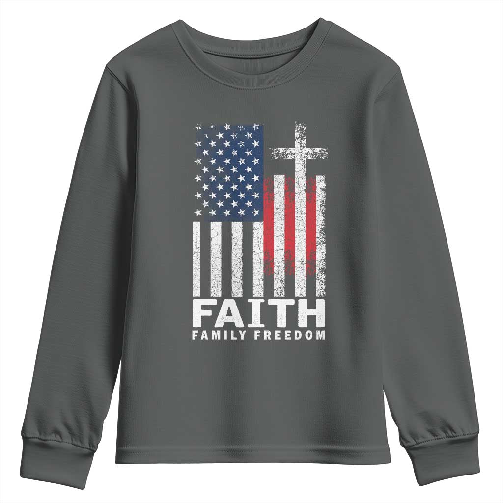 Faith Family Freedom Youth Sweatshirt Charlie Kirk Patriotic Christian Vintage USA Flag TS10 Dark Heather Print Your Wear
