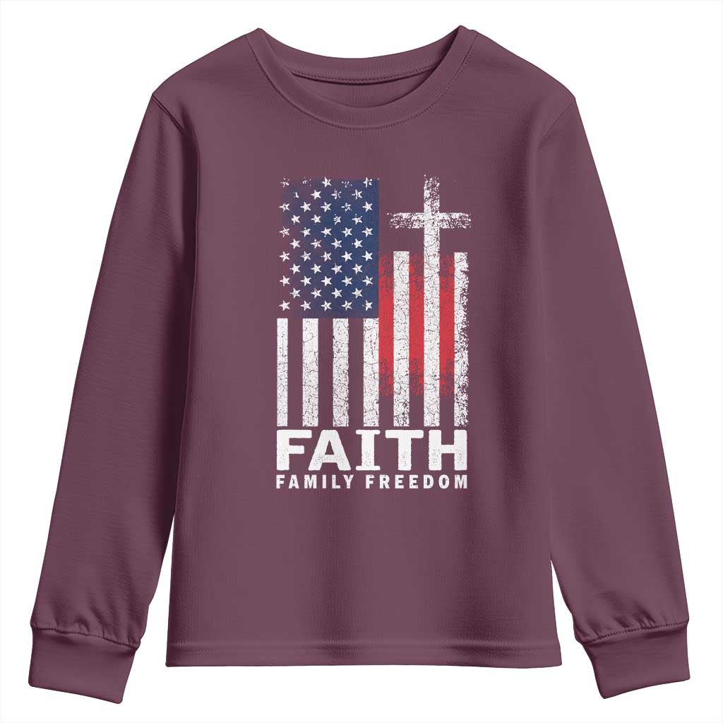 Faith Family Freedom Youth Sweatshirt Charlie Kirk Patriotic Christian Vintage USA Flag TS10 Maroon Print Your Wear