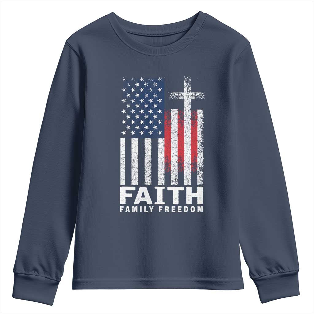 Faith Family Freedom Youth Sweatshirt Charlie Kirk Patriotic Christian Vintage USA Flag TS10 Navy Print Your Wear
