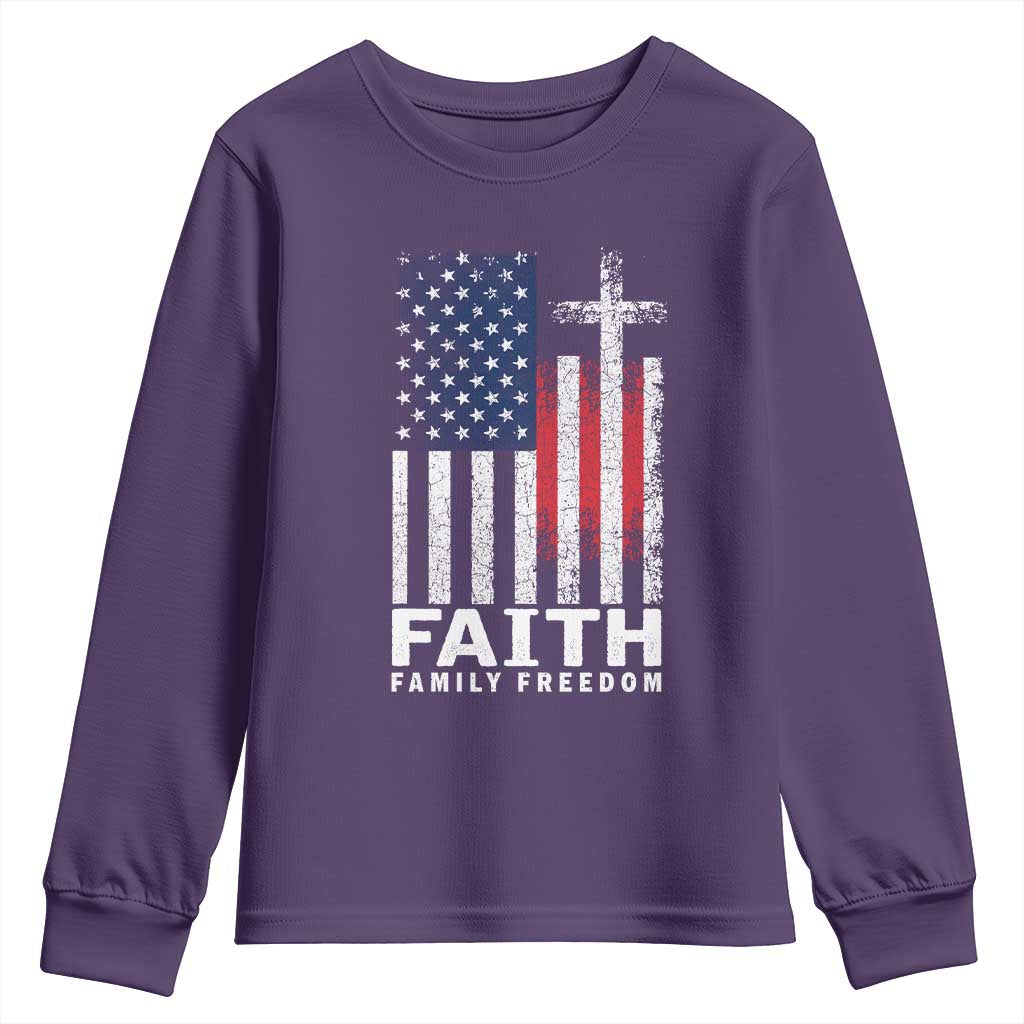 Faith Family Freedom Youth Sweatshirt Charlie Kirk Patriotic Christian Vintage USA Flag TS10 Purple Print Your Wear