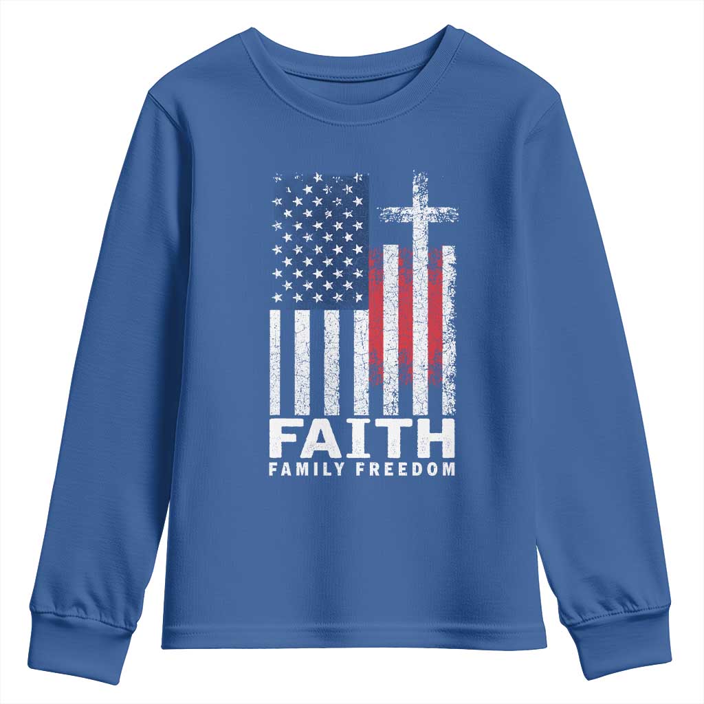 Faith Family Freedom Youth Sweatshirt Charlie Kirk Patriotic Christian Vintage USA Flag TS10 Royal Blue Print Your Wear