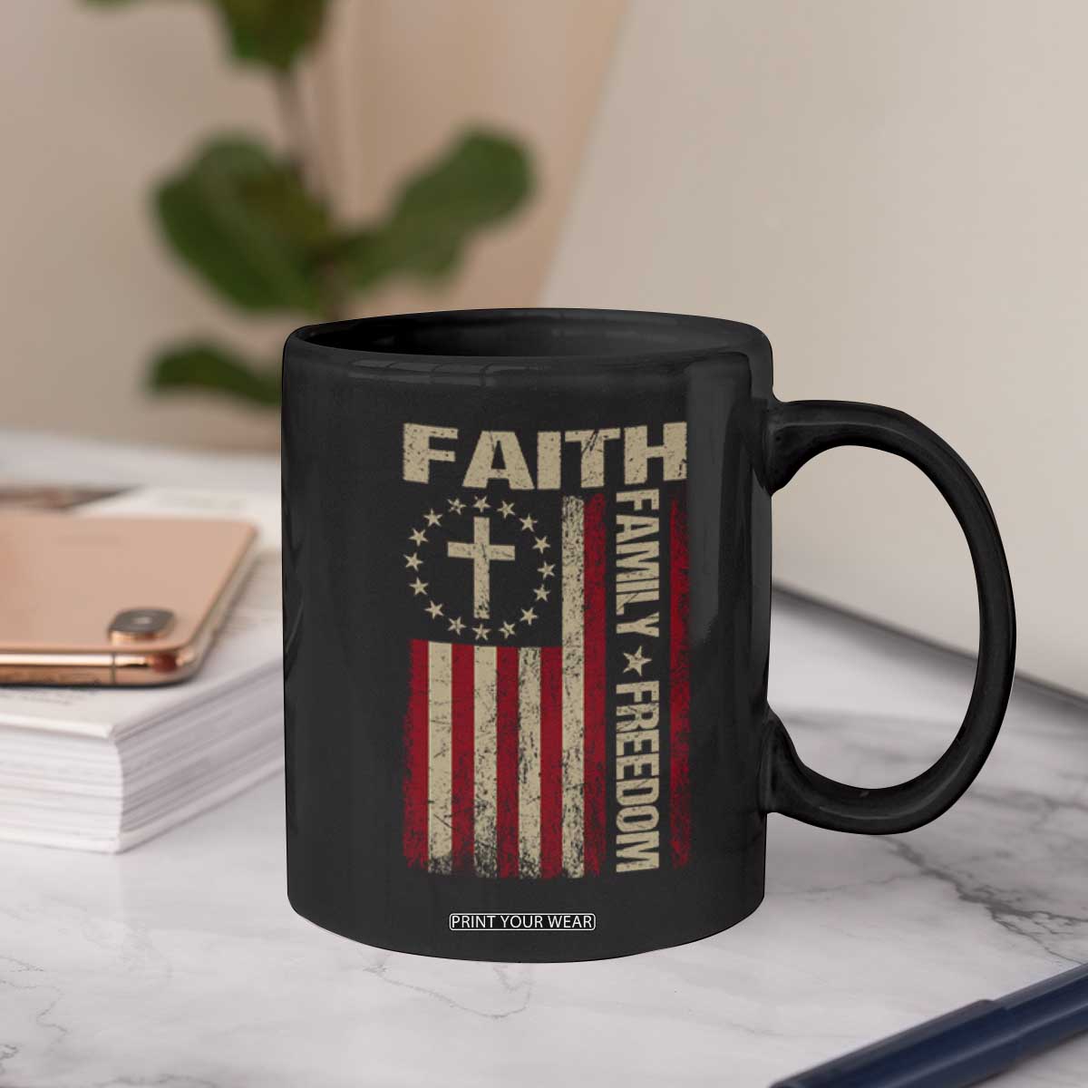 Faith Family Freedom Coffee Mug Patriotic Christian Vintage USA Flag TS10 Print Your Wear