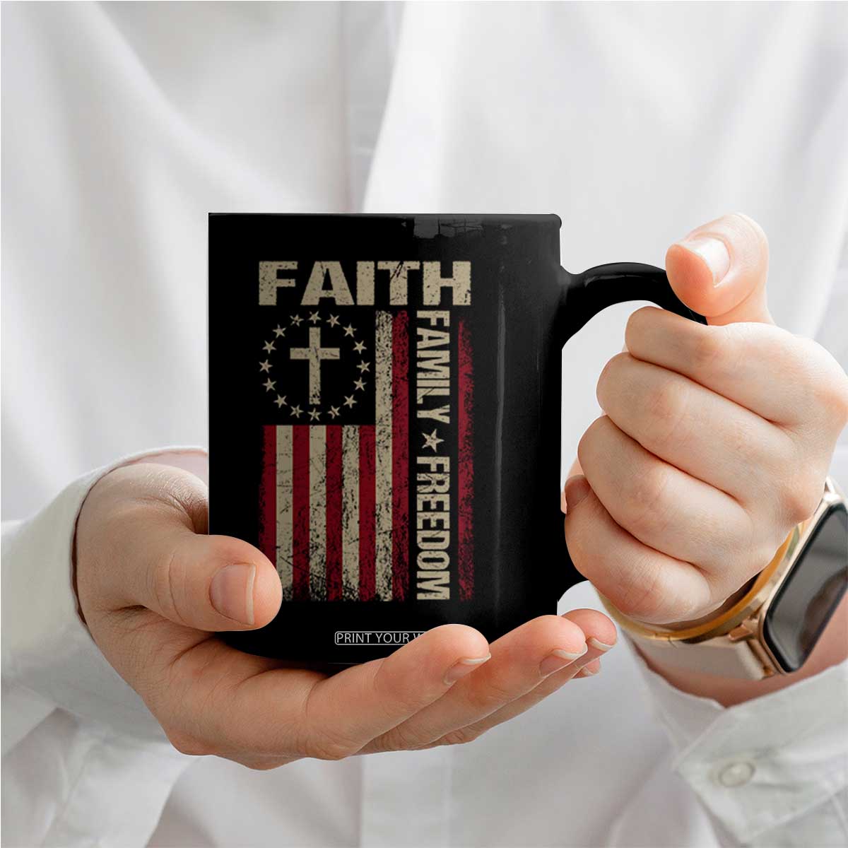 Faith Family Freedom Coffee Mug Patriotic Christian Vintage USA Flag TS10 Print Your Wear