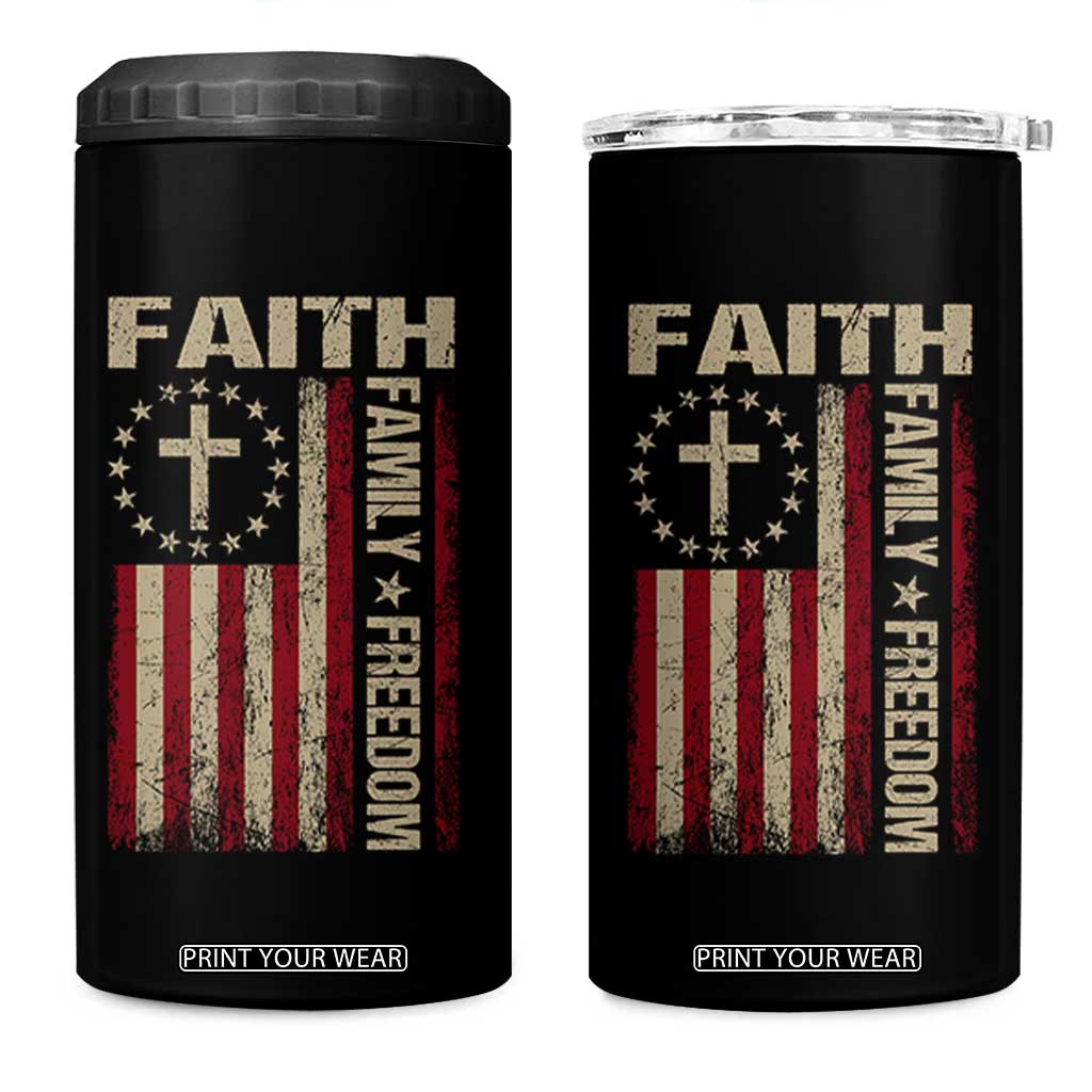 Faith Family Freedom 4 in 1 Can Cooler Tumbler Patriotic Christian Vintage USA Flag TS10 One Size: 16 oz Black Print Your Wear