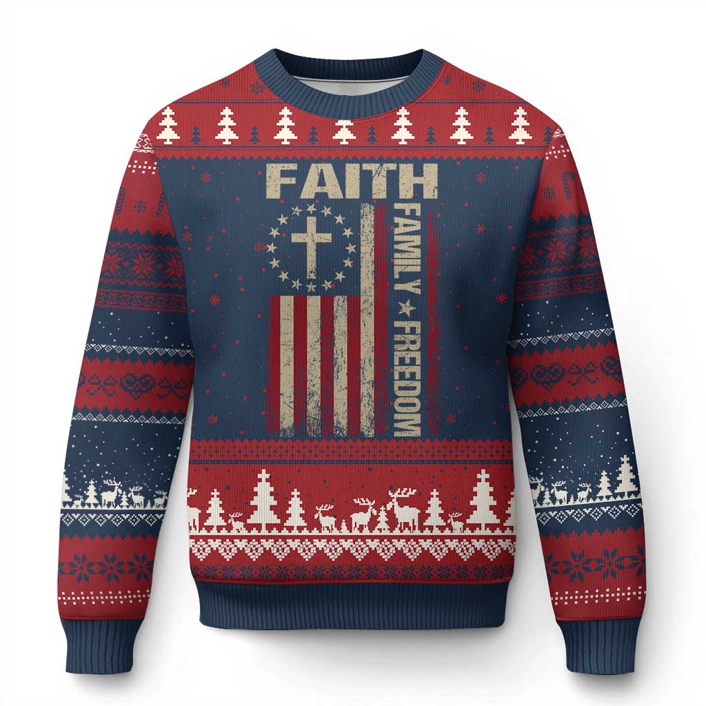 Faith Family Freedom Ugly Christmas Sweater Patriotic Christian Vintage USA Flag TS10 Navy Red Print Your Wear