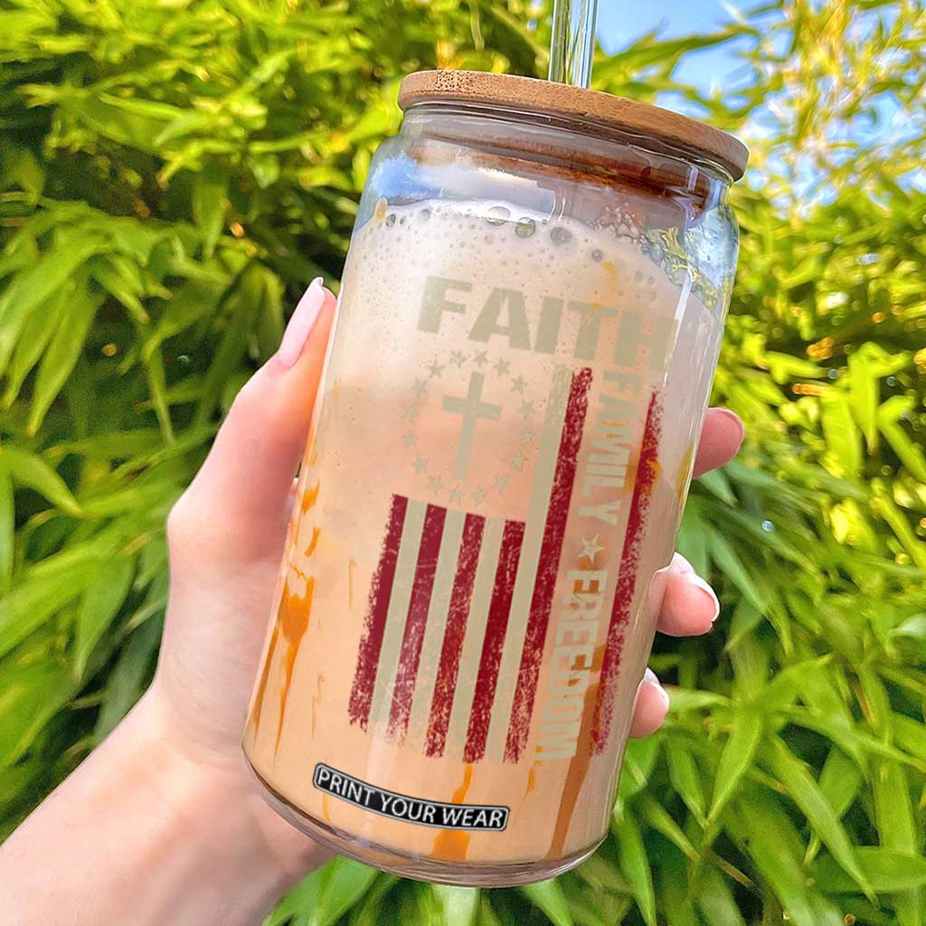 Faith Family Freedom Glass Can Patriotic Christian Vintage USA Flag TS10 Black Print Your Wear