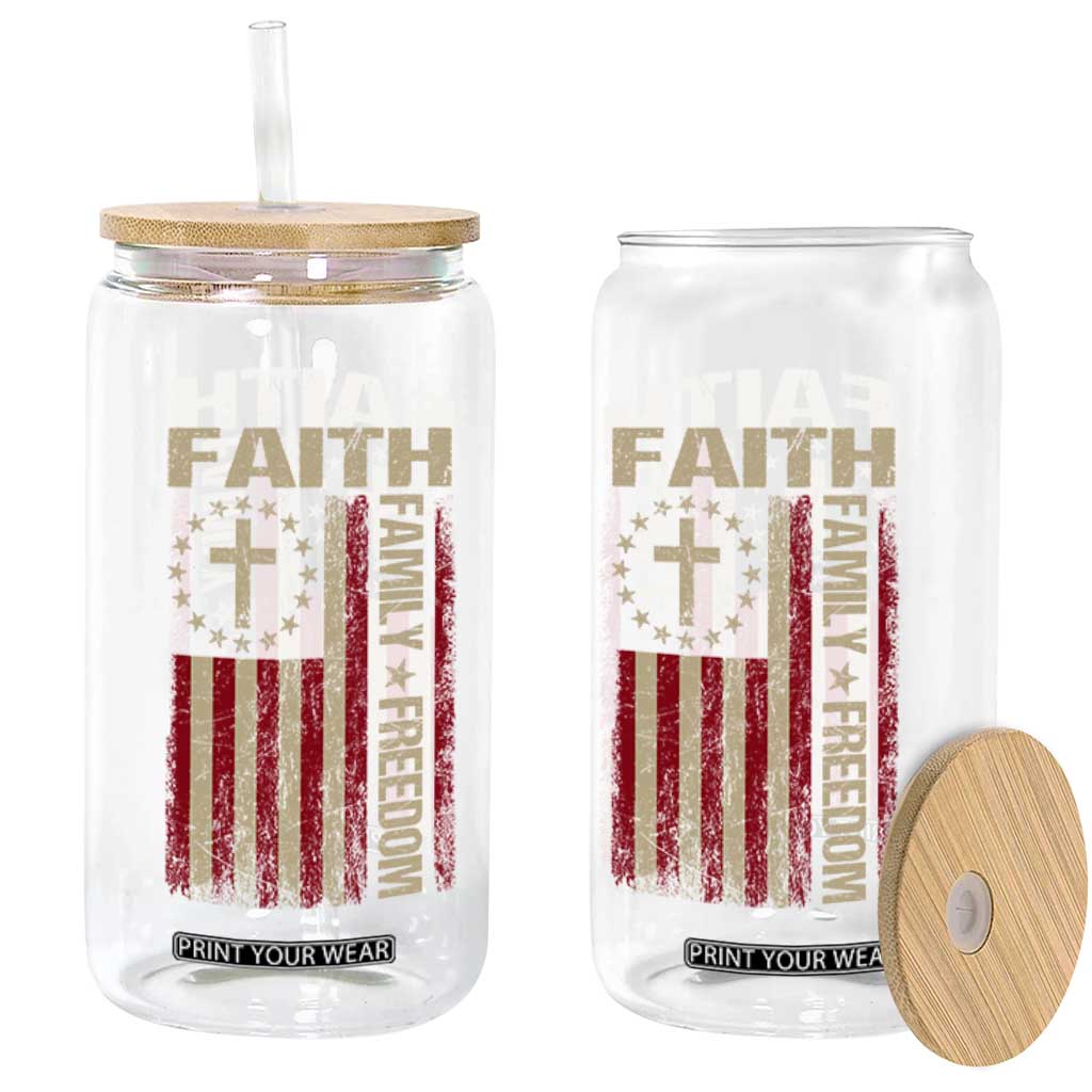Faith Family Freedom Glass Can Patriotic Christian Vintage USA Flag TS10 Print Your Wear