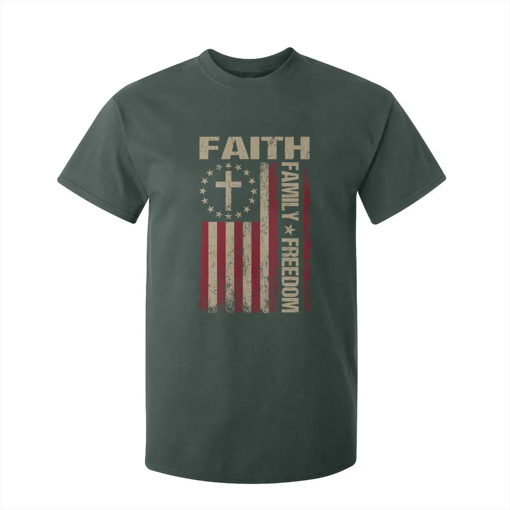 Faith Family Freedom T Shirt For Kid Patriotic Christian Vintage USA Flag TS10 Dark Forest Green Print Your Wear
