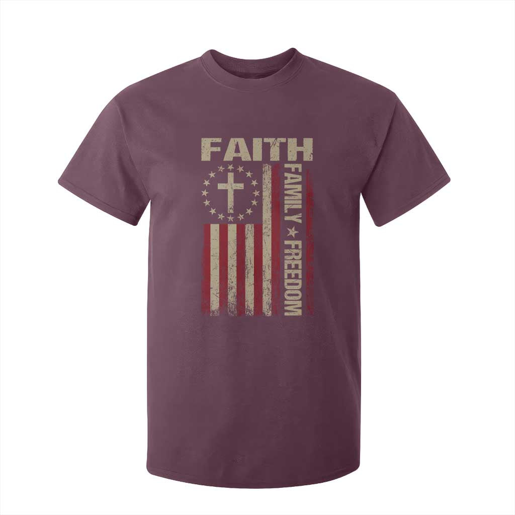 Faith Family Freedom T Shirt For Kid Patriotic Christian Vintage USA Flag TS10 Maroon Print Your Wear