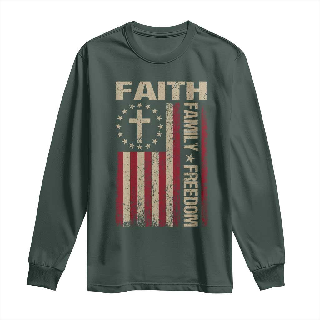 Faith Family Freedom Long Sleeve Shirt Patriotic Christian Vintage USA Flag TS10 Dark Forest Green Print Your Wear