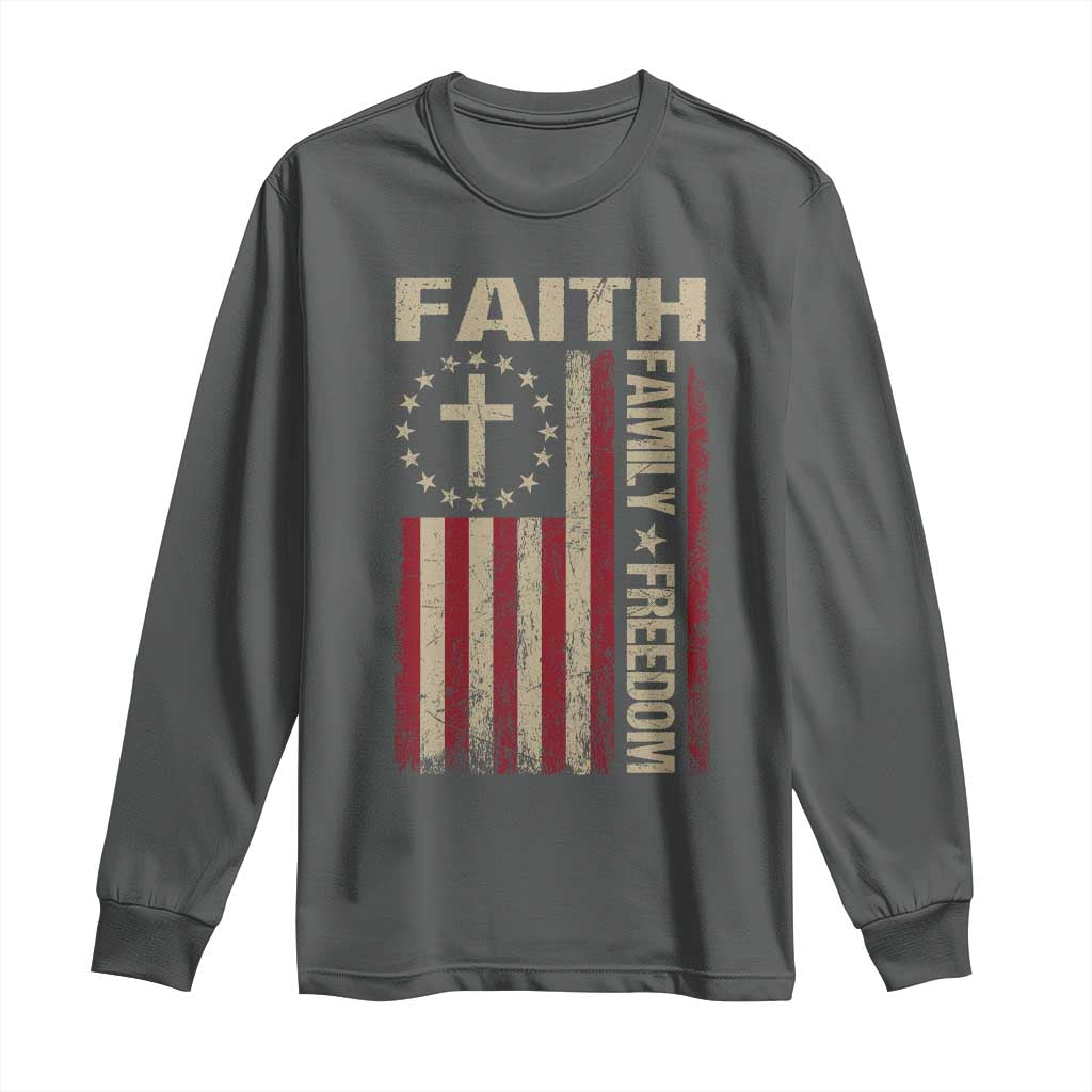 Faith Family Freedom Long Sleeve Shirt Patriotic Christian Vintage USA Flag TS10 Dark Heather Print Your Wear
