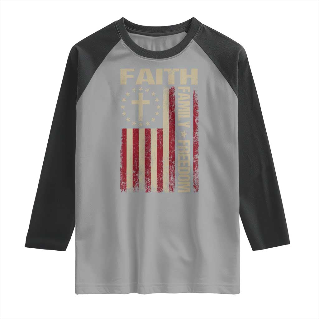 Faith Family Freedom Raglan Shirt Patriotic Christian Vintage USA Flag TS10 Sport Gray Black Print Your Wear