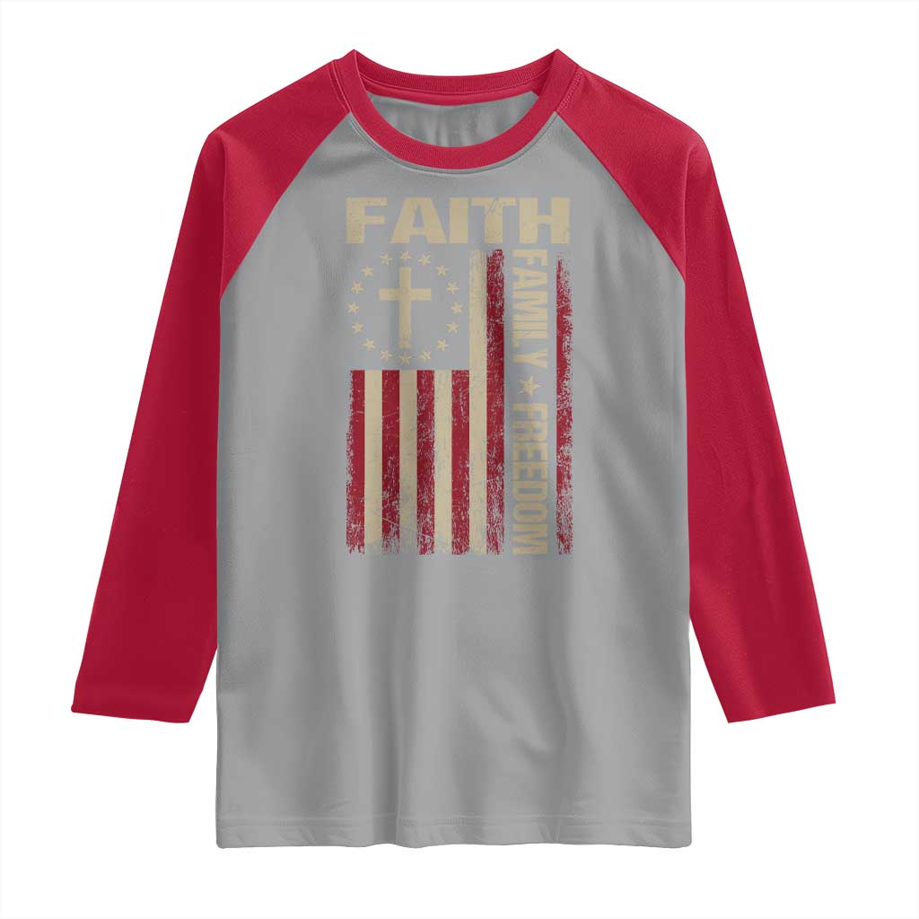 Faith Family Freedom Raglan Shirt Patriotic Christian Vintage USA Flag TS10 Sport Gray Red Print Your Wear