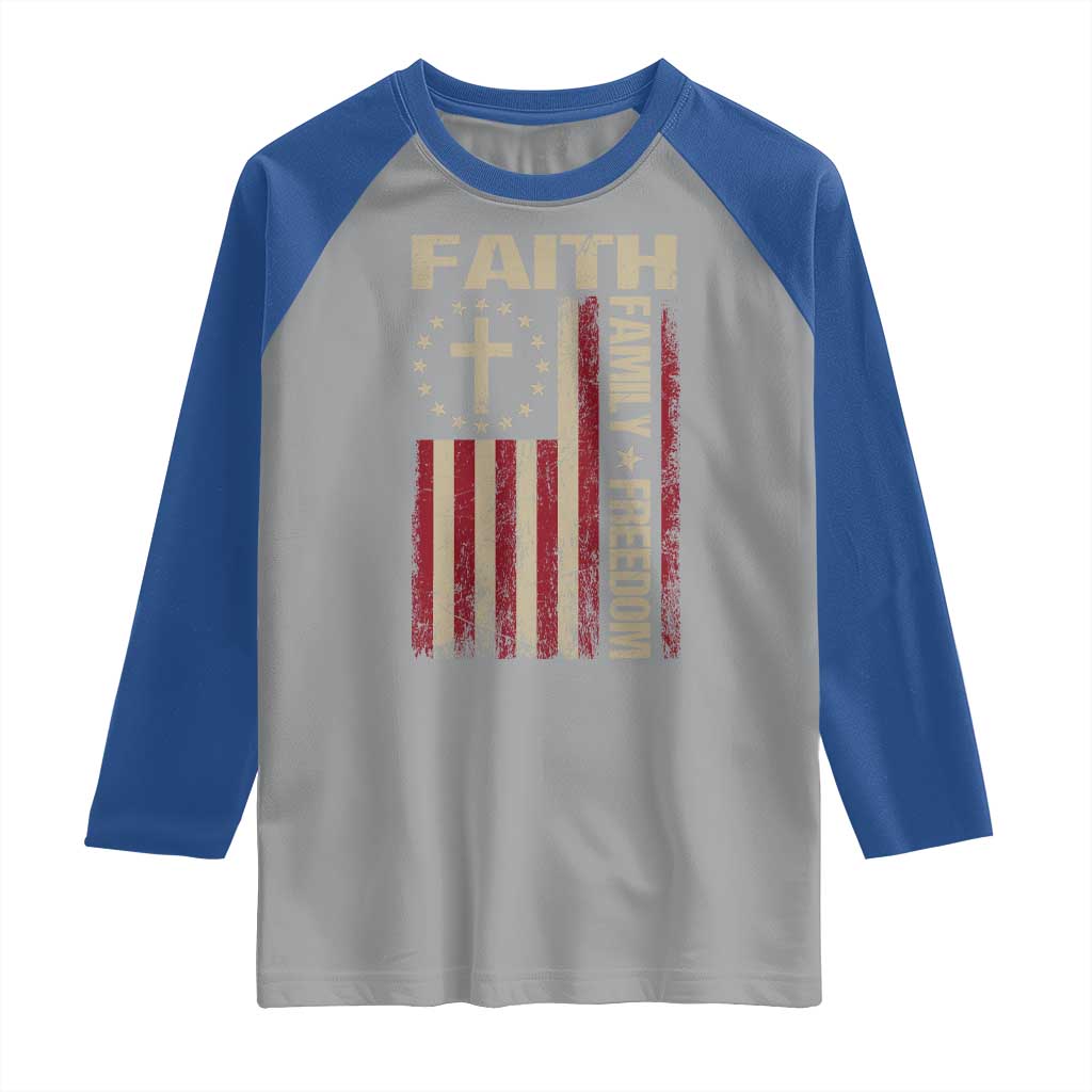 Faith Family Freedom Raglan Shirt Patriotic Christian Vintage USA Flag TS10 Sport Gray Royal Print Your Wear
