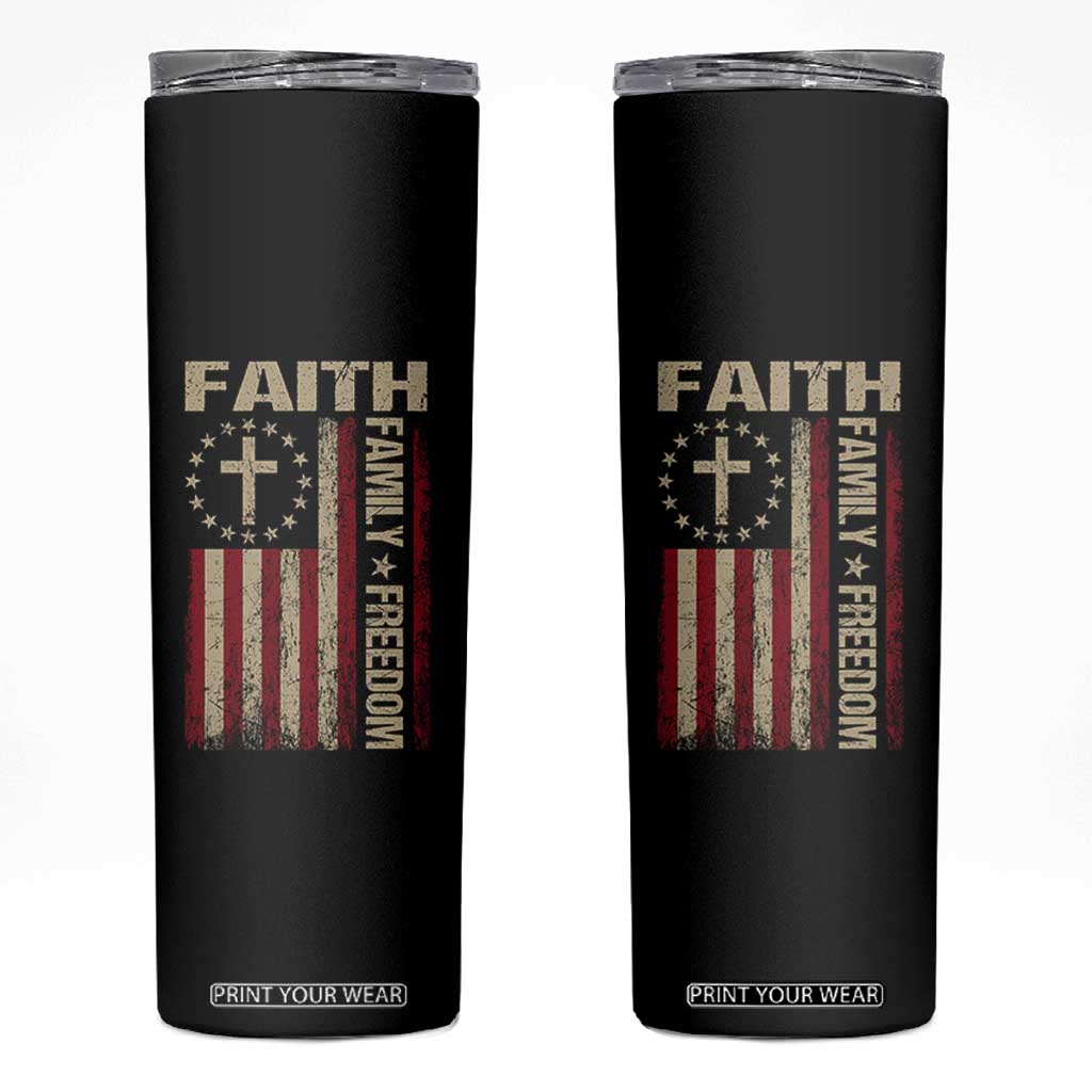 Faith Family Freedom Skinny Tumbler Patriotic Christian Vintage USA Flag TS10 Black Print Your Wear