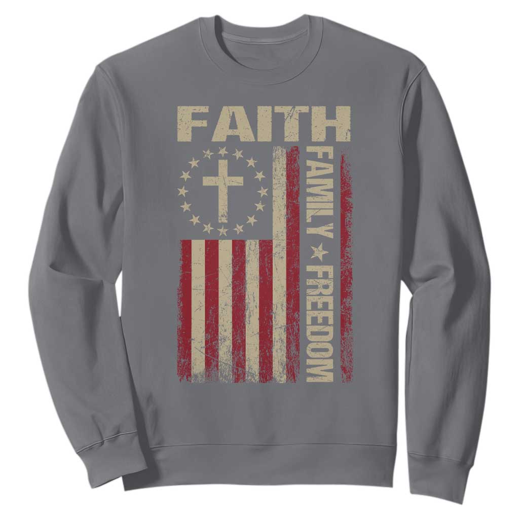 Faith Family Freedom Sweatshirt Patriotic Christian Vintage USA Flag TS10 Charcoal Print Your Wear