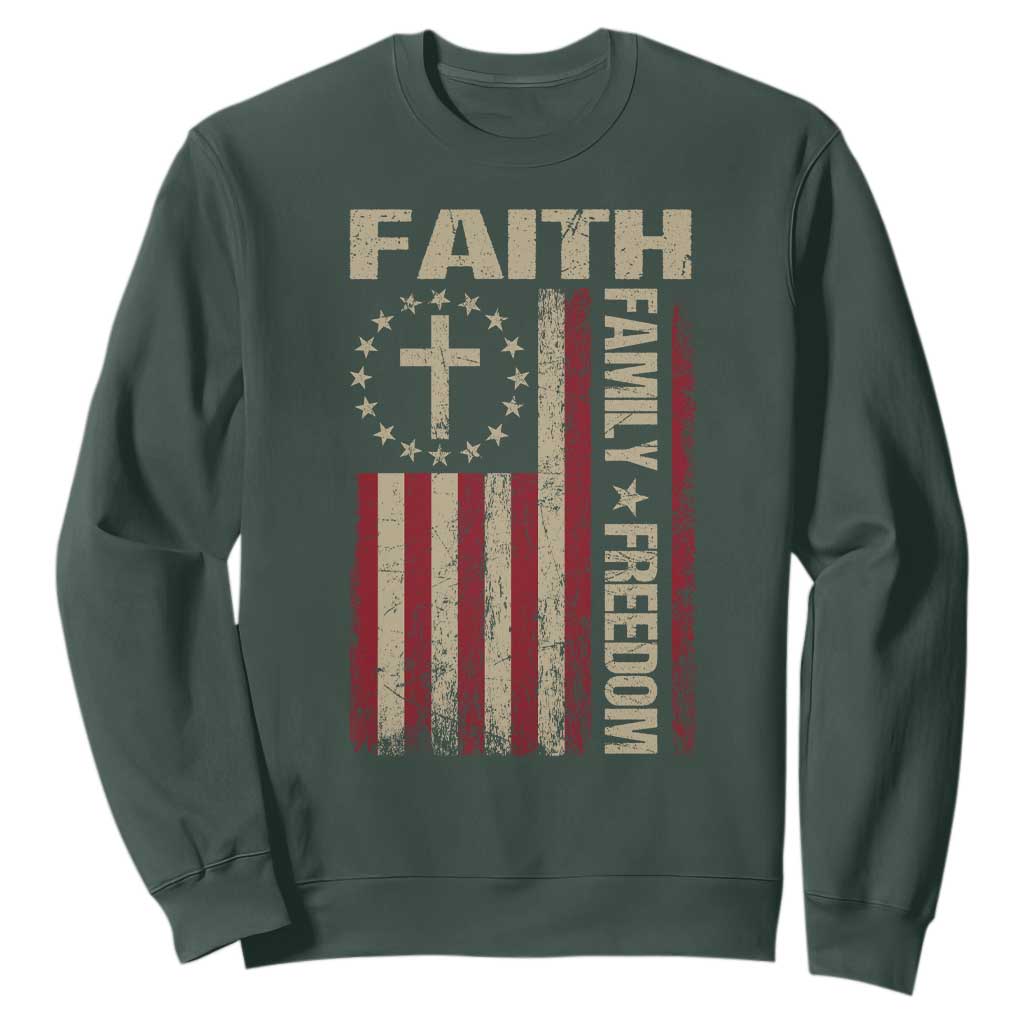 Faith Family Freedom Sweatshirt Patriotic Christian Vintage USA Flag TS10 Dark Forest Green Print Your Wear