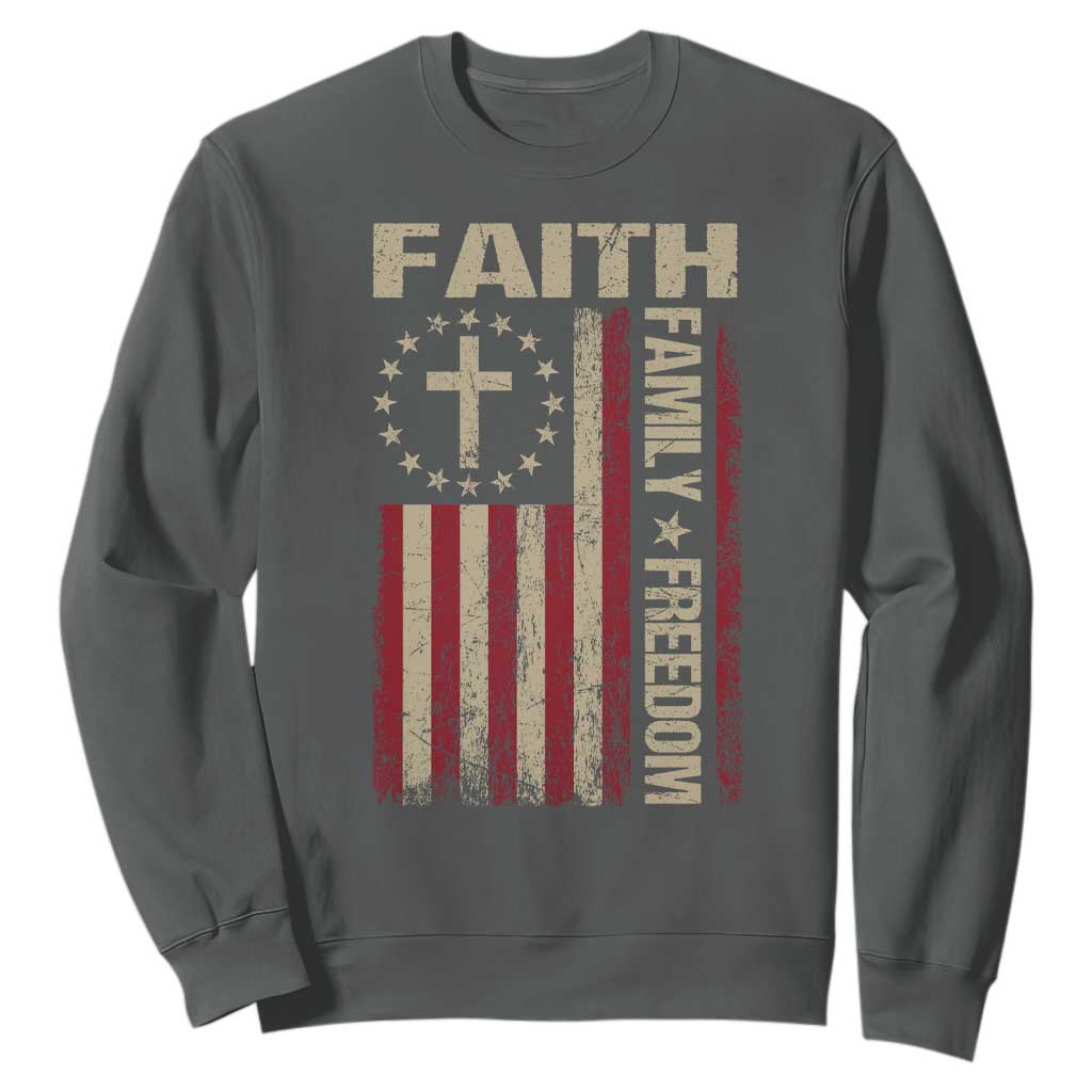 Faith Family Freedom Sweatshirt Patriotic Christian Vintage USA Flag TS10 Dark Heather Print Your Wear