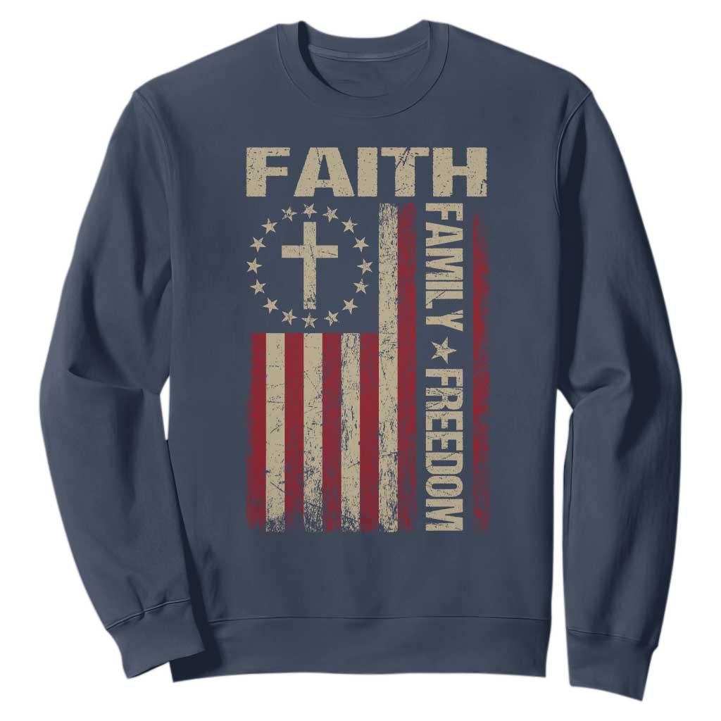 Faith Family Freedom Sweatshirt Patriotic Christian Vintage USA Flag TS10 Navy Print Your Wear
