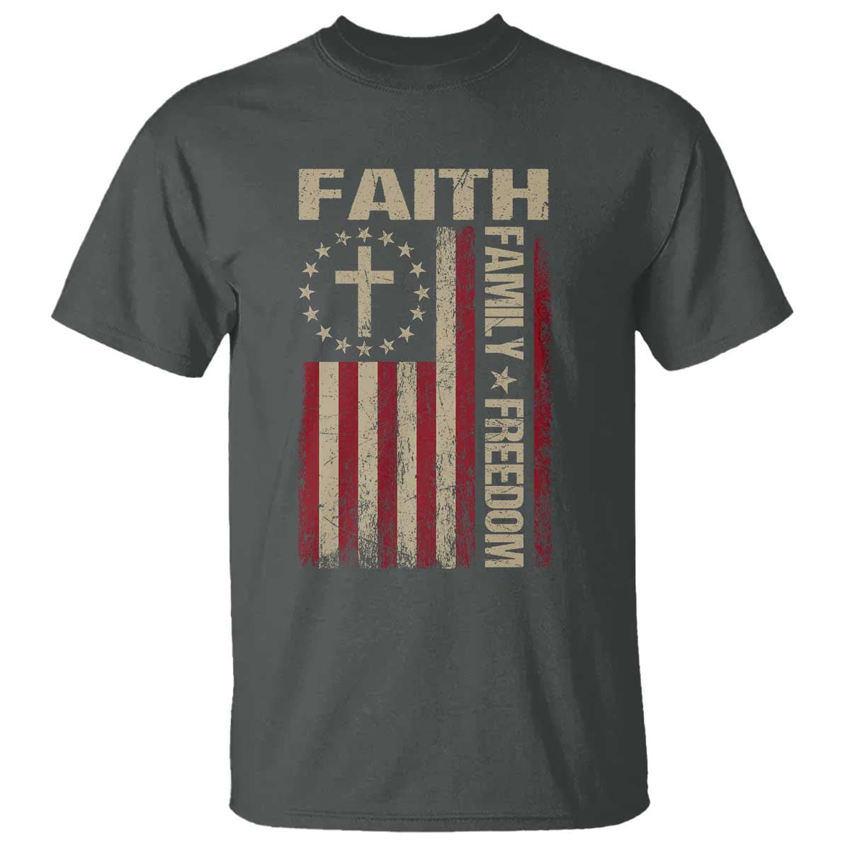 Faith Family Freedom T Shirt Patriotic Christian Vintage USA Flag TS10 Dark Heather Print Your Wear
