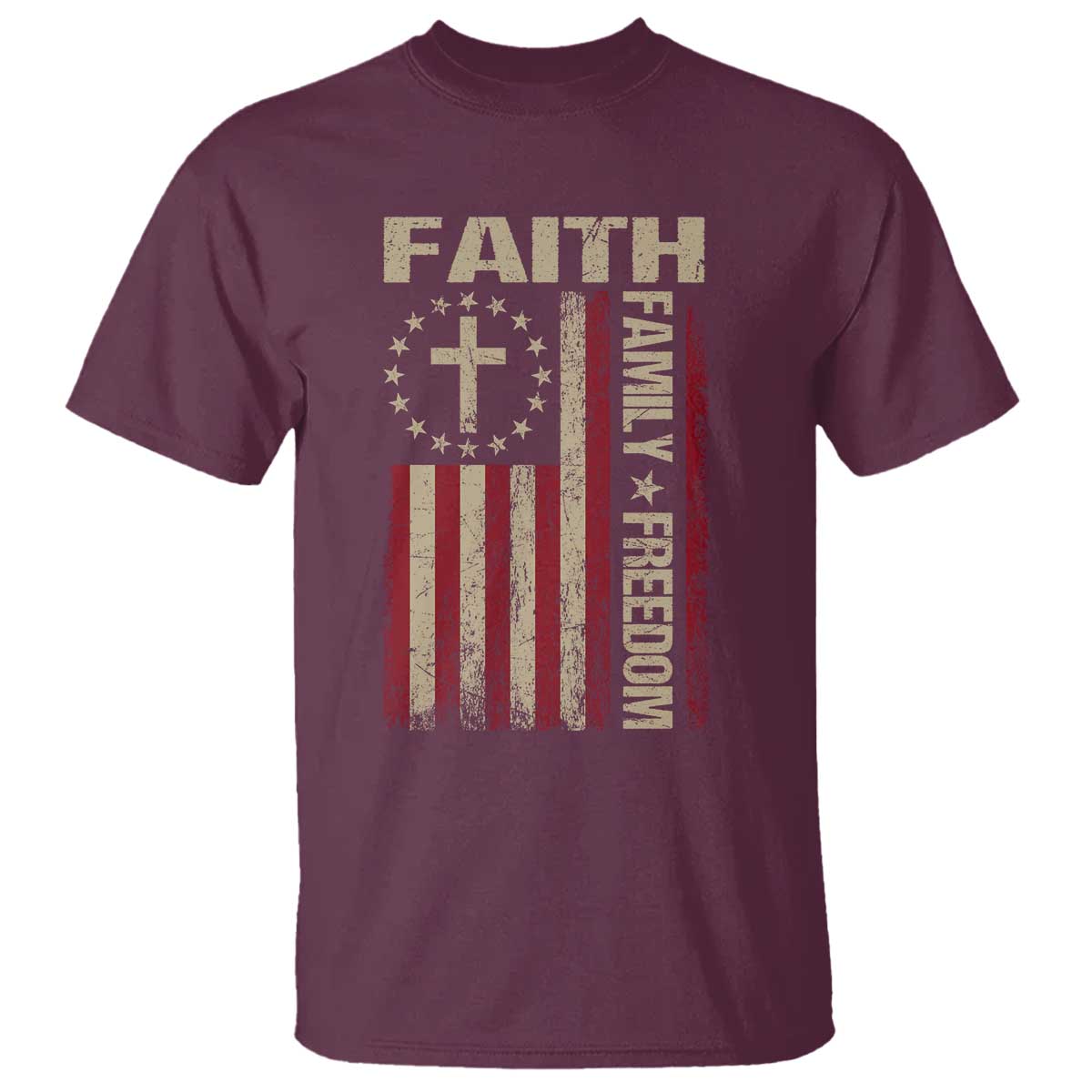 Faith Family Freedom T Shirt Patriotic Christian Vintage USA Flag TS10 Maroon Print Your Wear