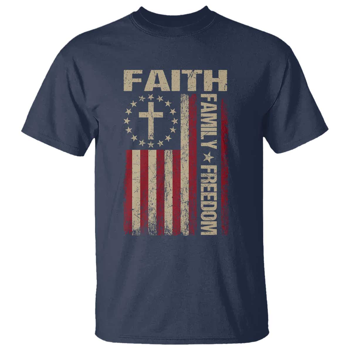Faith Family Freedom T Shirt Patriotic Christian Vintage USA Flag TS10 Navy Print Your Wear
