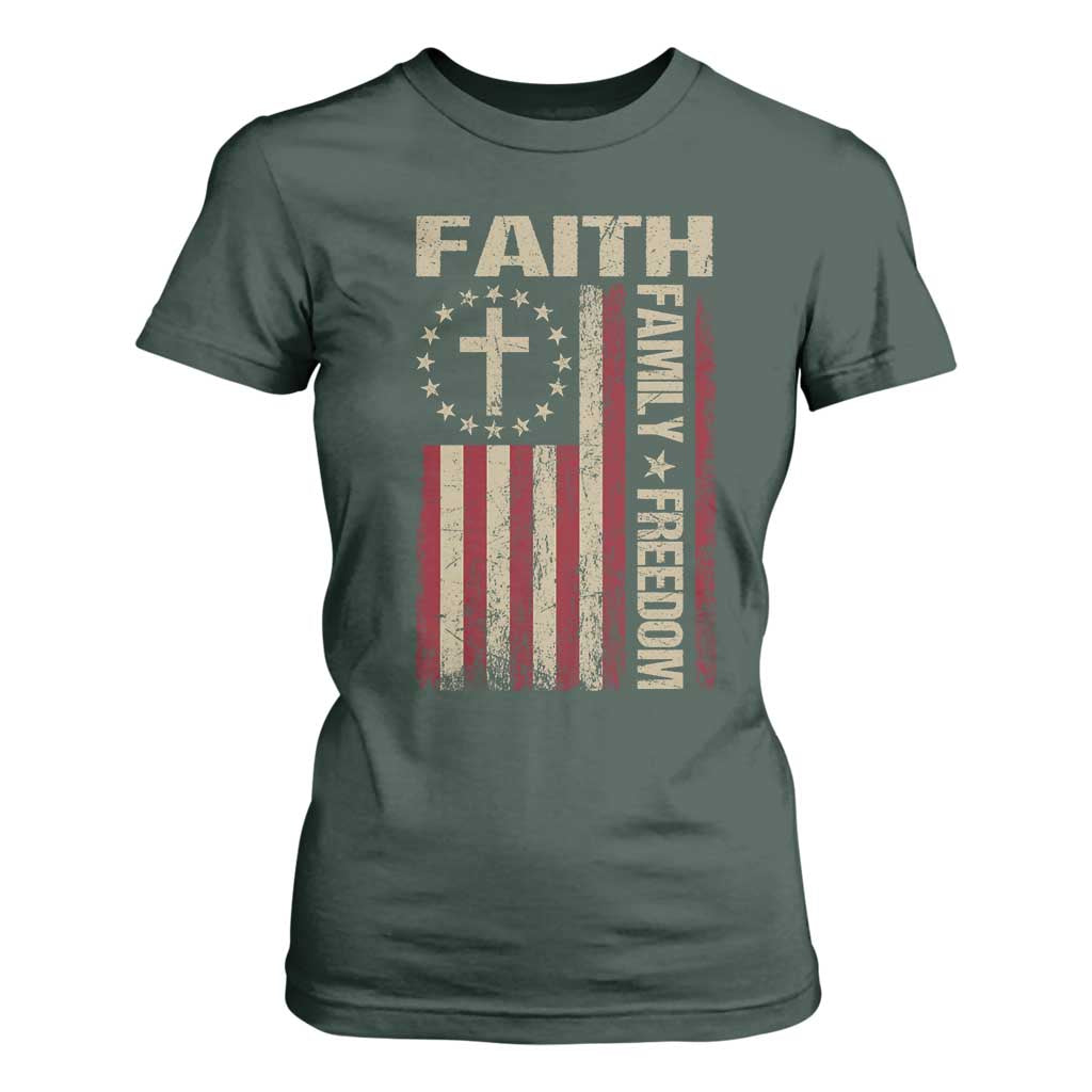 Faith Family Freedom T Shirt For Women Patriotic Christian Vintage USA Flag TS10 Dark Forest Green Print Your Wear