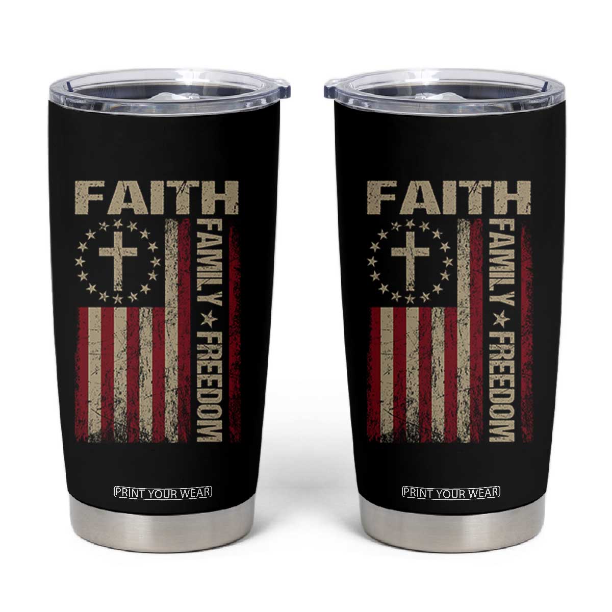 Faith Family Freedom Tumbler Cup Patriotic Christian Vintage USA Flag TS10 Black Print Your Wear