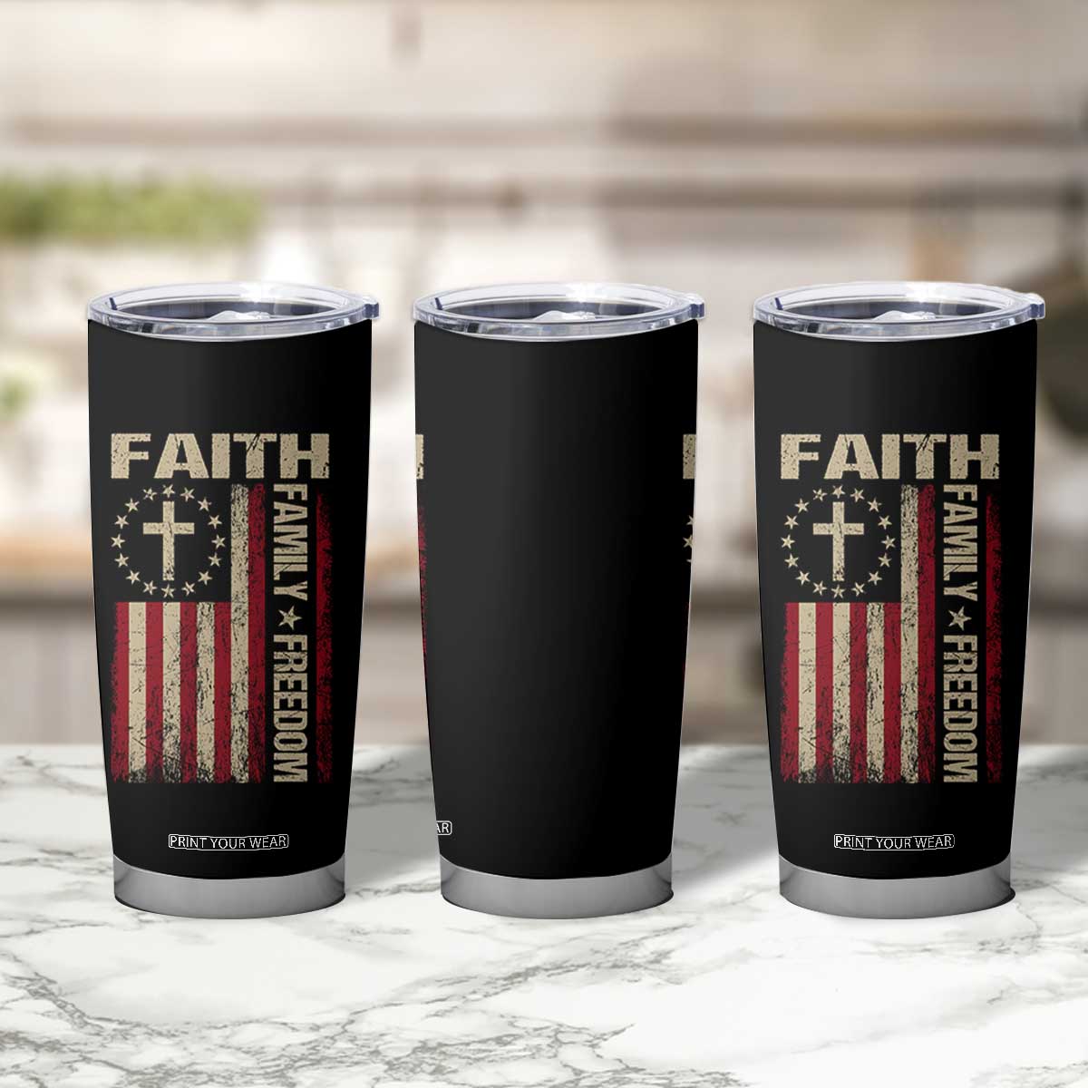 Faith Family Freedom Tumbler Cup Patriotic Christian Vintage USA Flag TS10 Print Your Wear