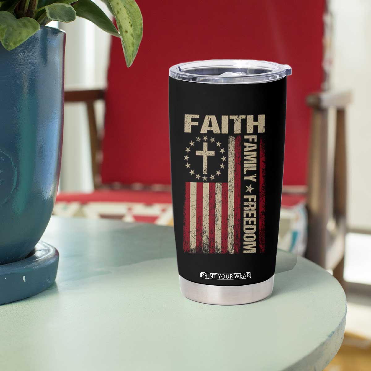 Faith Family Freedom Tumbler Cup Patriotic Christian Vintage USA Flag TS10 Print Your Wear
