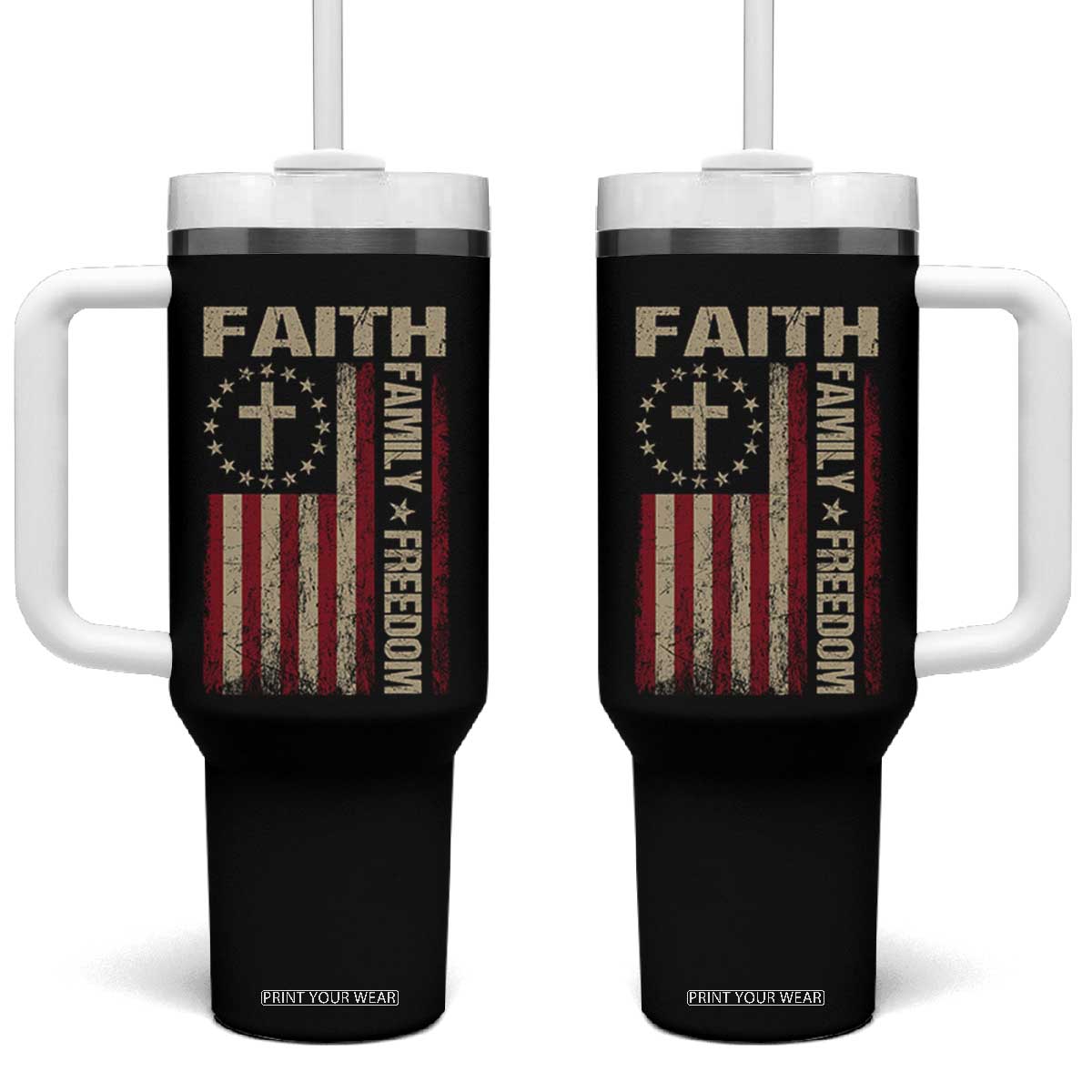 Faith Family Freedom Tumbler With Handle Patriotic Christian Vintage USA Flag TS10 One Size: 40 oz Black Print Your Wear