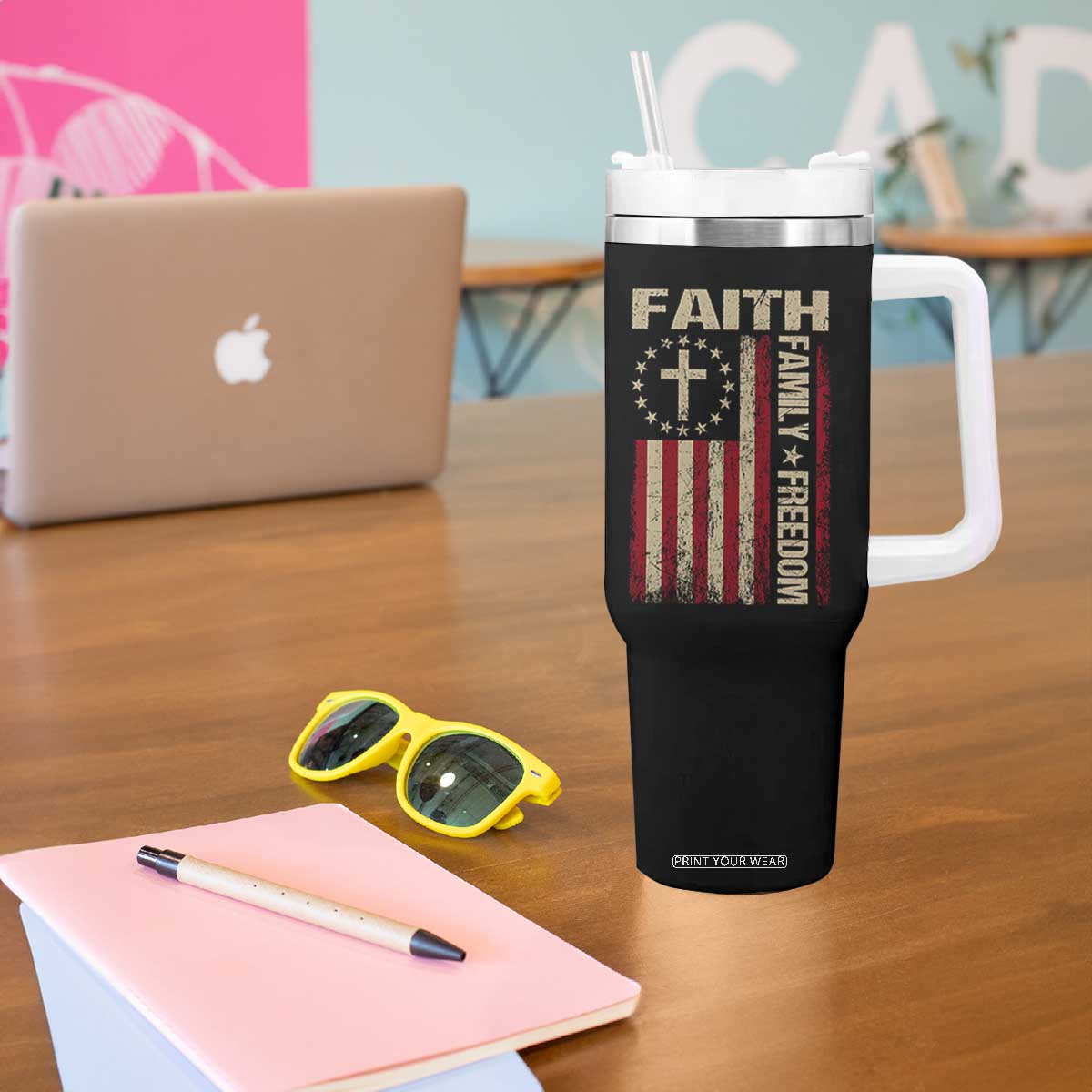 Faith Family Freedom Tumbler With Handle Patriotic Christian Vintage USA Flag TS10 Print Your Wear