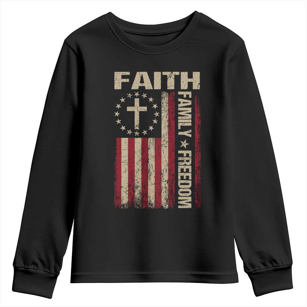 Faith Family Freedom Youth Sweatshirt Patriotic Christian Vintage USA Flag TS10 Black Print Your Wear