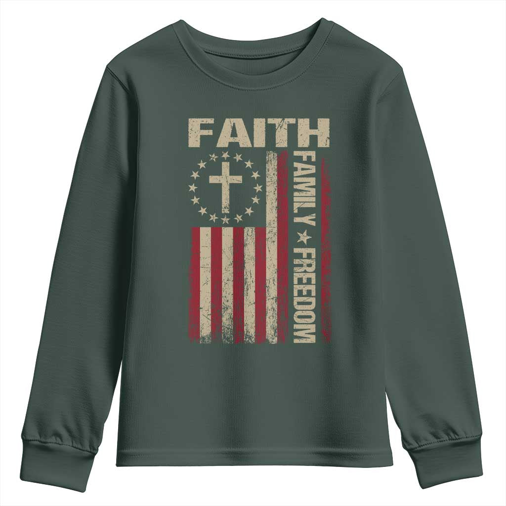 Faith Family Freedom Youth Sweatshirt Patriotic Christian Vintage USA Flag TS10 Dark Forest Green Print Your Wear