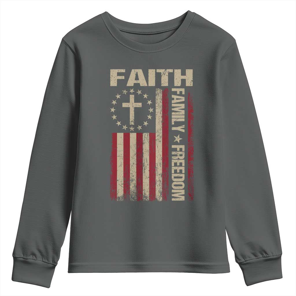 Faith Family Freedom Youth Sweatshirt Patriotic Christian Vintage USA Flag TS10 Dark Heather Print Your Wear