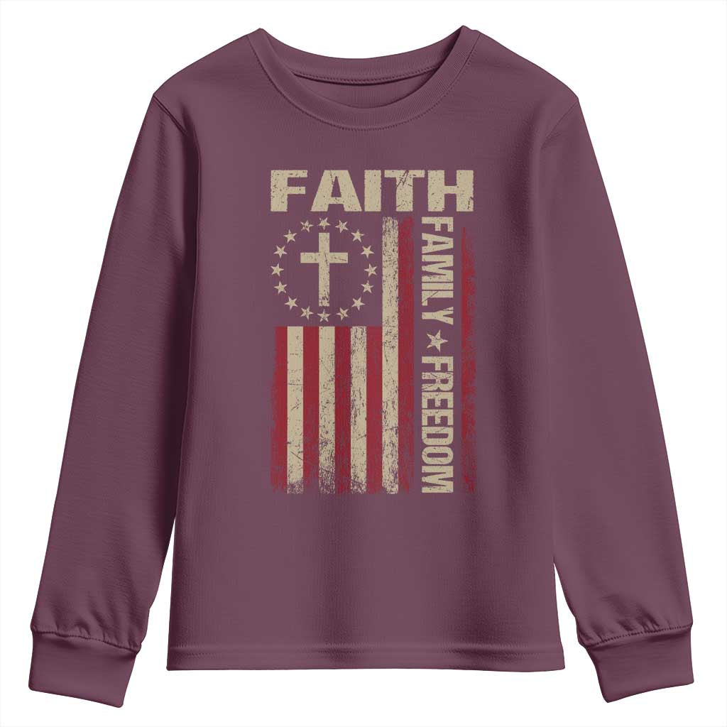 Faith Family Freedom Youth Sweatshirt Patriotic Christian Vintage USA Flag TS10 Maroon Print Your Wear