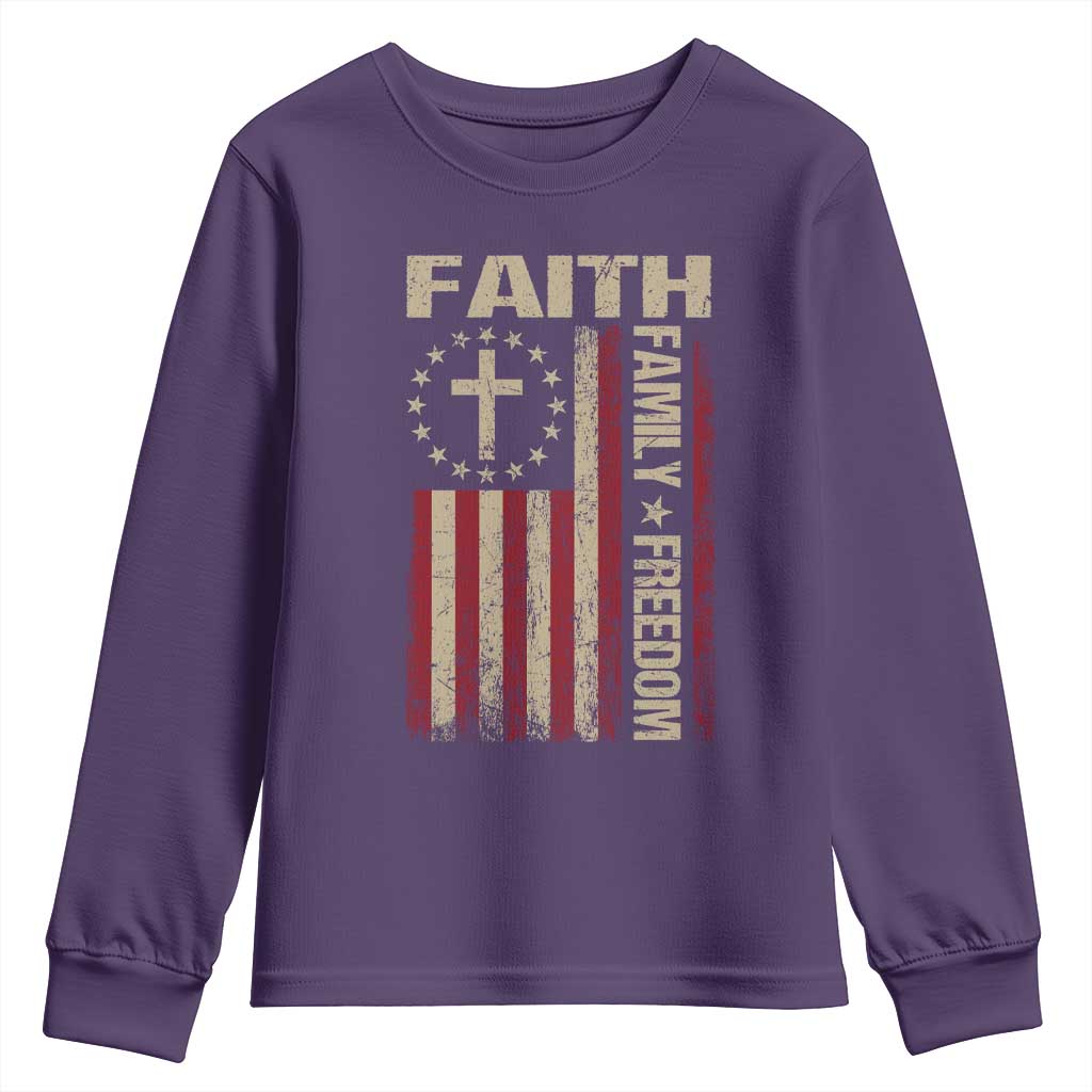 Faith Family Freedom Youth Sweatshirt Patriotic Christian Vintage USA Flag TS10 Purple Print Your Wear