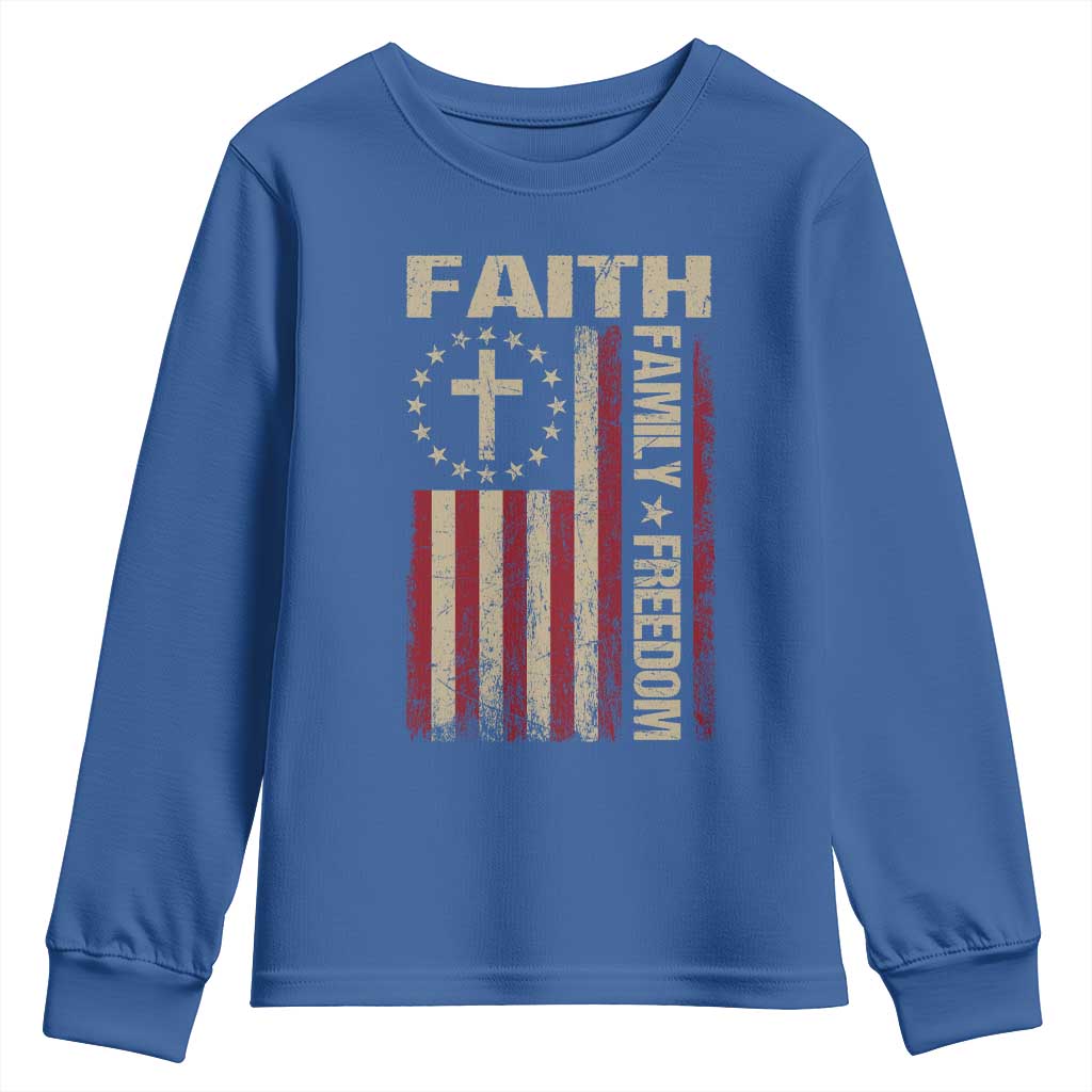 Faith Family Freedom Youth Sweatshirt Patriotic Christian Vintage USA Flag TS10 Royal Blue Print Your Wear