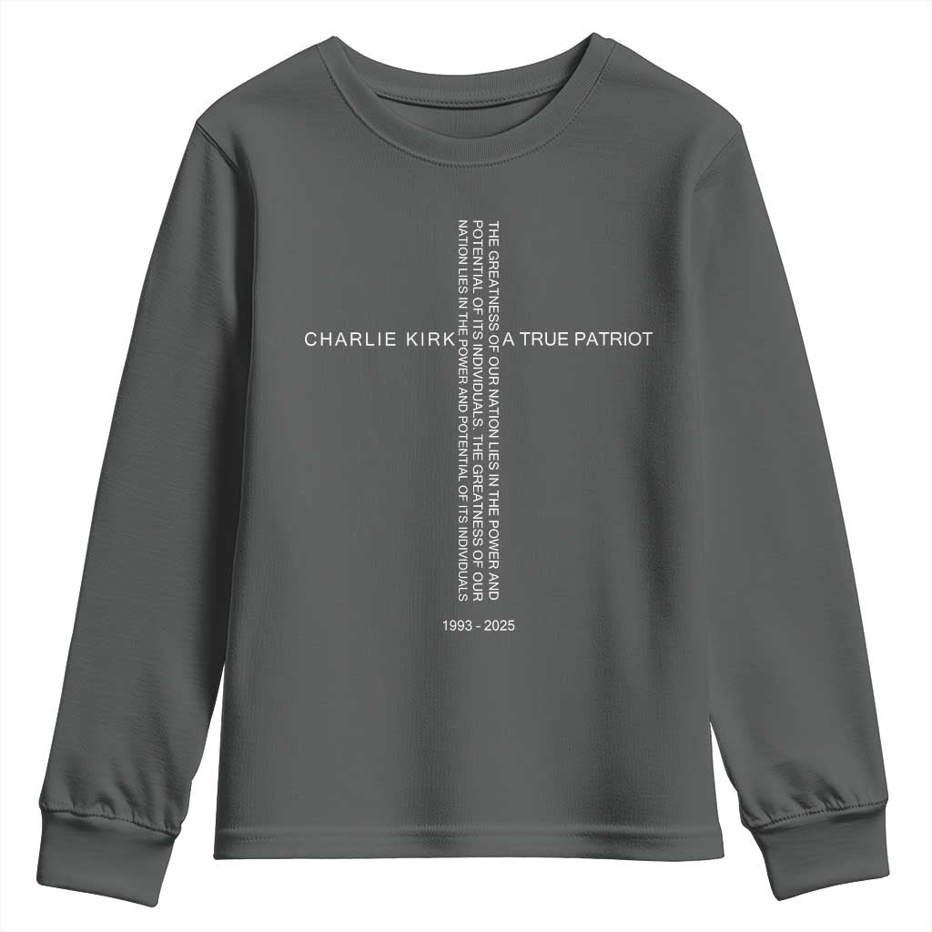 Charlie Kirk Youth Sweatshirt A True Patriot Patriotic Christian Cross TS10 Dark Heather Print Your Wear
