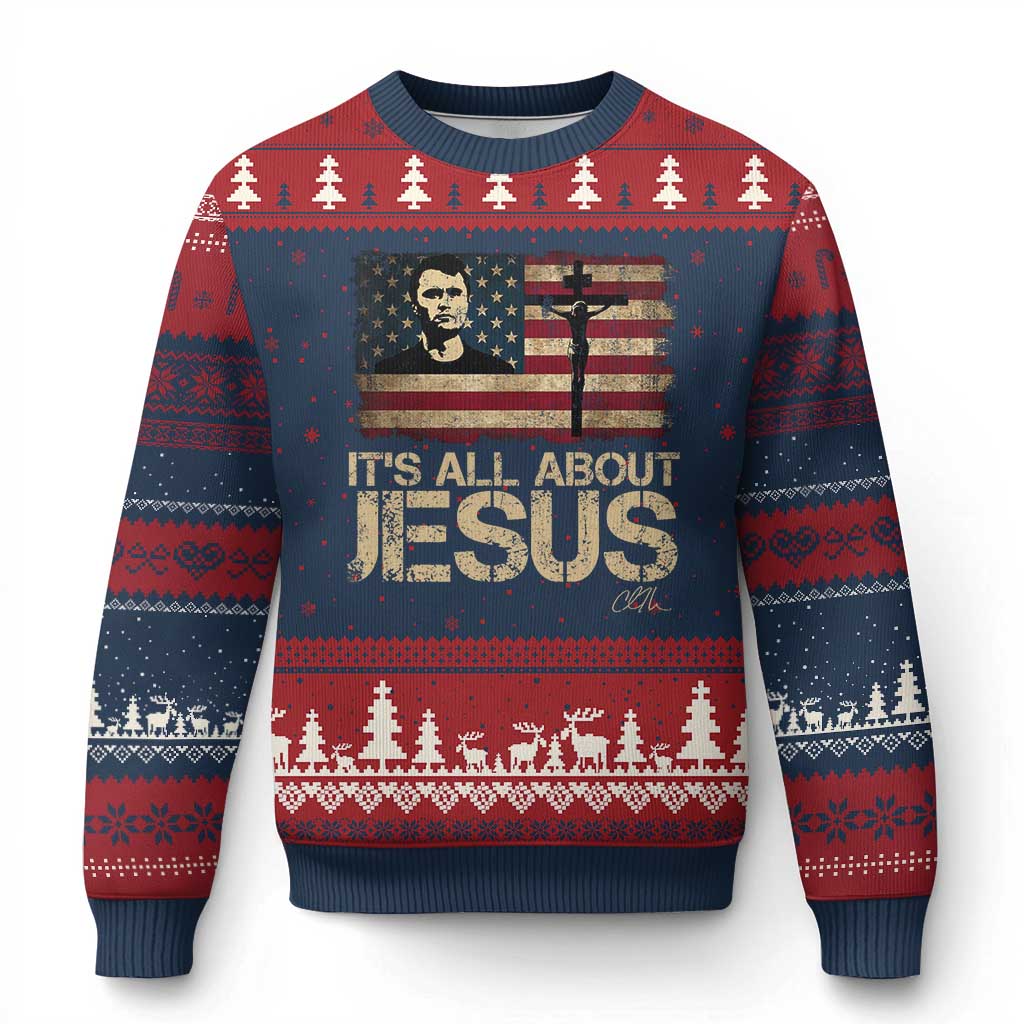 Charlie Kirk Ugly Christmas Sweater Its All About Jesus USA Flag Patriotic Christian TS10 Navy Red Print Your Wear