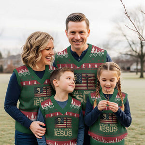 Charlie Kirk V-Neck Knit Sweater Vest Its All About Jesus USA Flag Patriotic Christian TS10 Red Green Print Your Wear