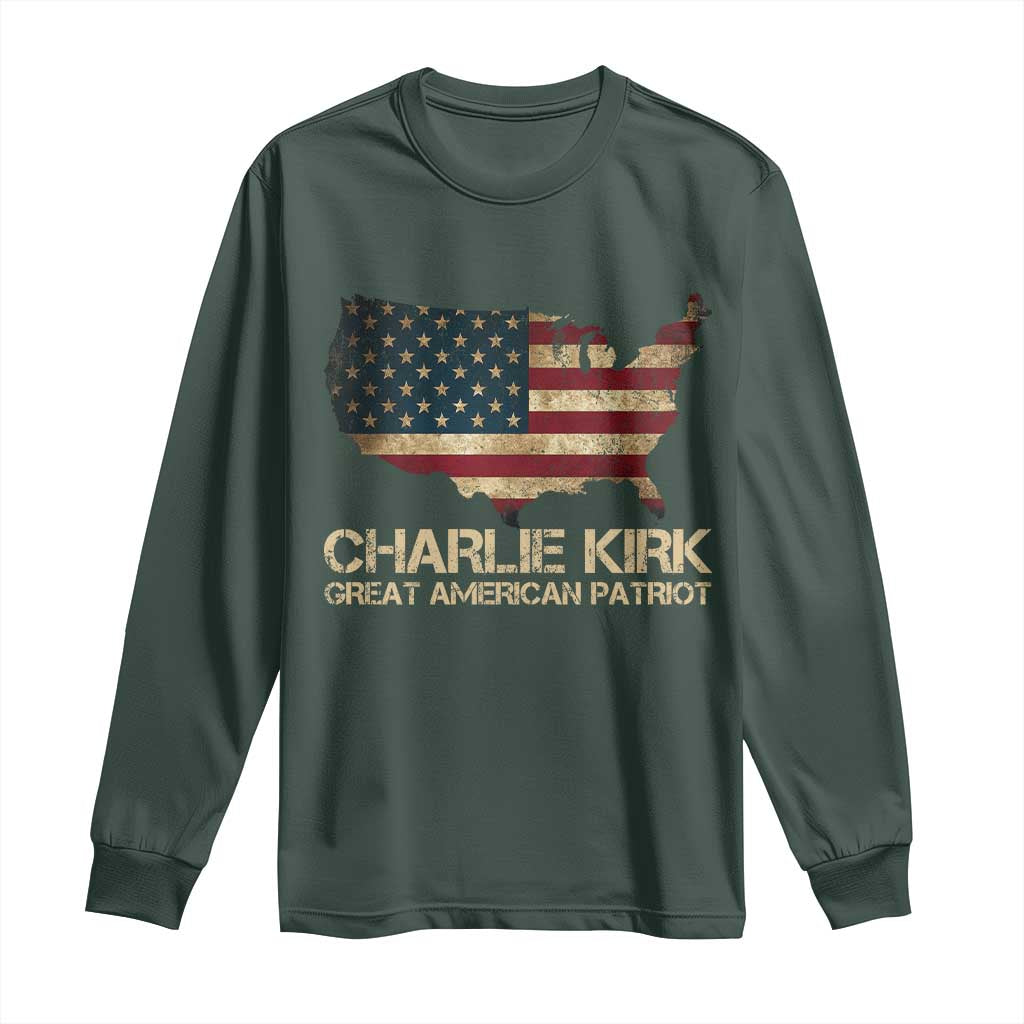 Charlie Kirk Long Sleeve Shirt Great American Patriot USA Flag TS10 Dark Forest Green Print Your Wear