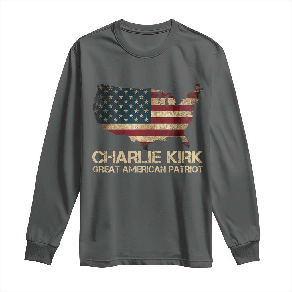 Charlie Kirk Long Sleeve Shirt Great American Patriot USA Flag TS10 Dark Heather Print Your Wear