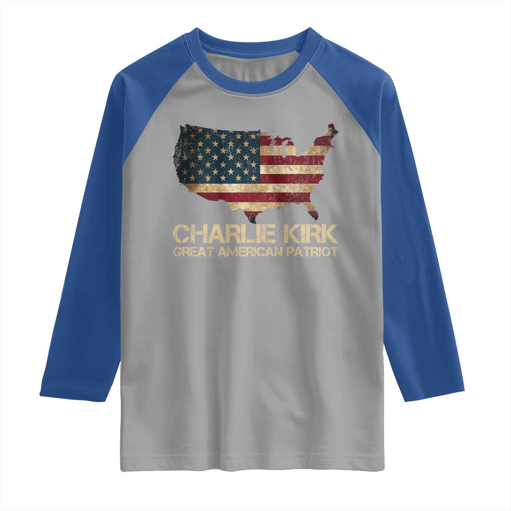 Charlie Kirk Raglan Shirt Great American Patriot USA Flag TS10 Sport Gray Royal Print Your Wear