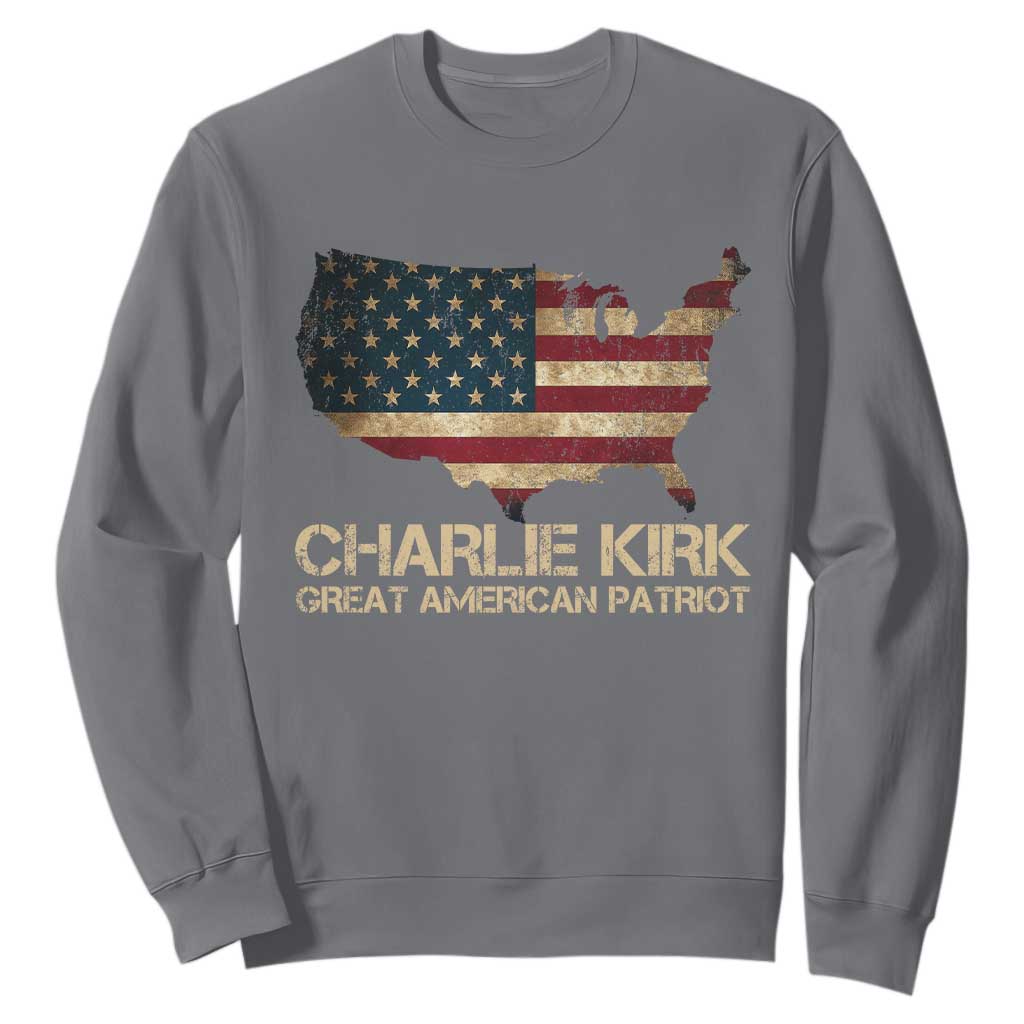 Charlie Kirk Sweatshirt Great American Patriot USA Flag TS10 Charcoal Print Your Wear