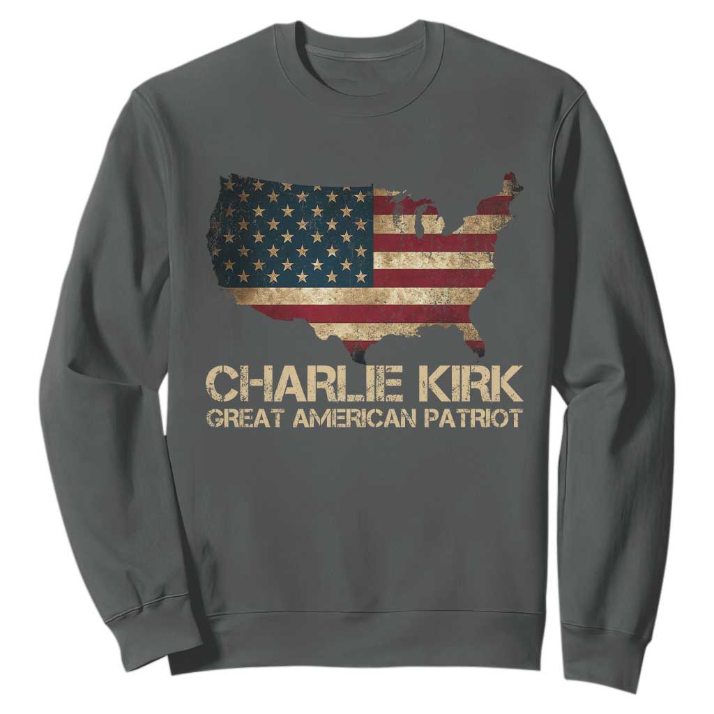 Charlie Kirk Sweatshirt Great American Patriot USA Flag TS10 Dark Heather Print Your Wear